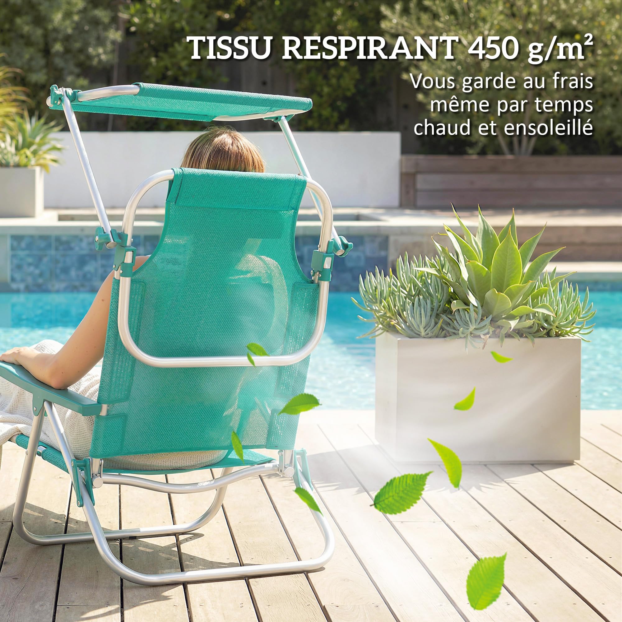 Outsunny - Silla de Playa Plegable con Toldo Ajustable, Respaldo Reclinable de 6 Posiciones, Reposacabezas, Aluminio y Malla Transpirable, para Exterior, Jardín, Pícnic, Festival, Viajes, Turquesa