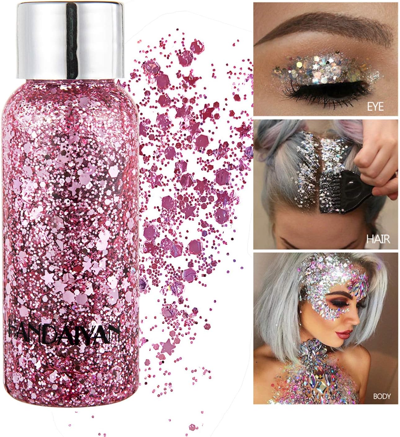 GL-Turelifes Chunky Face Body Glitter Gel Festival Mermaid Hair Sequins Cosmetics Sparkling Nails Glitter Makeup Long Lasting 30g(03# Pink)