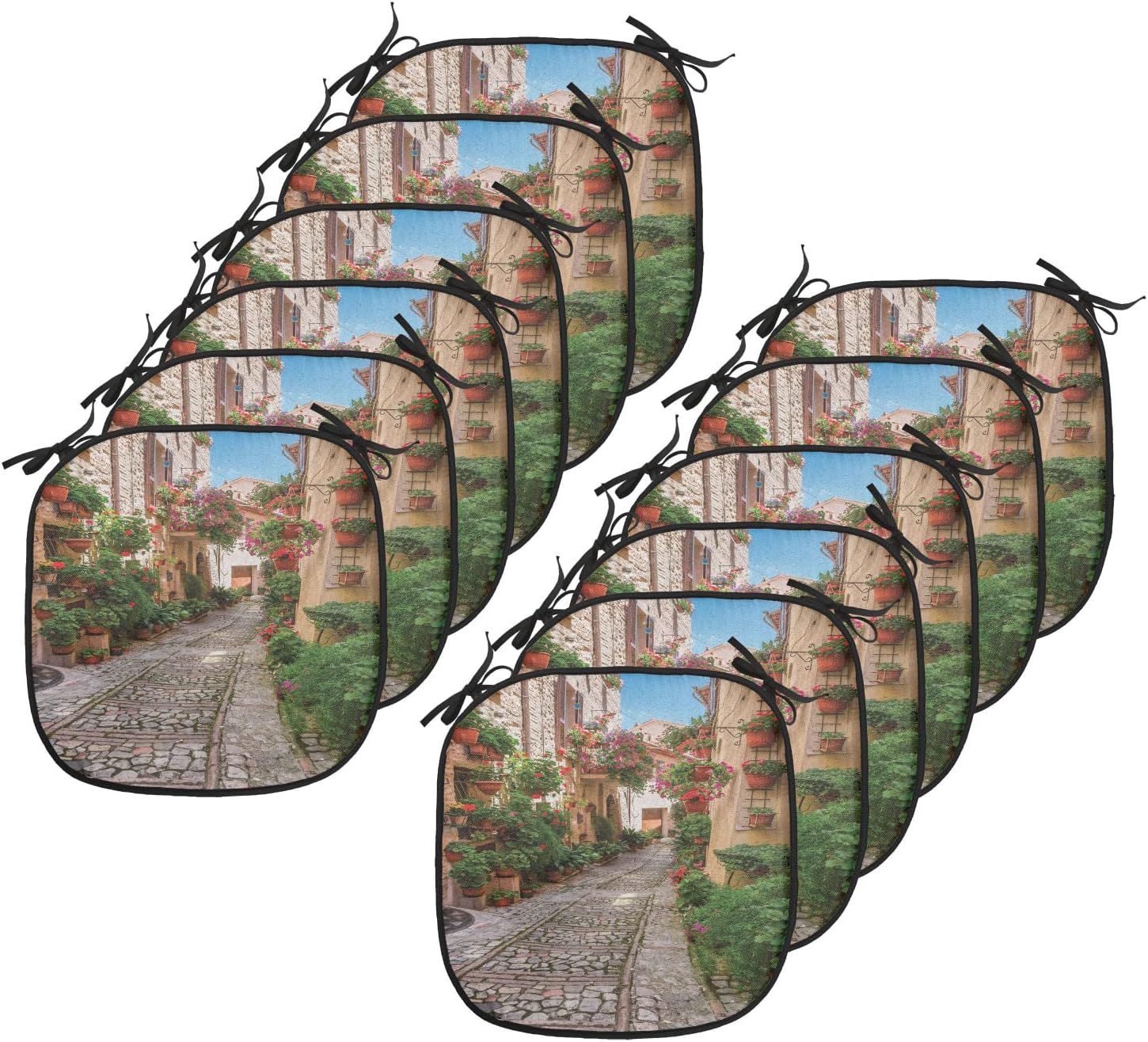 Lunarable Tuscan Chair Cushion Pads Set 12, Historical Mediterranean Street Flowers Italian Town in Sunny Day Umbria, Anti-Slip Seat Padding for Kitchen & Patio, 16"x16", Ivory Green and Red
