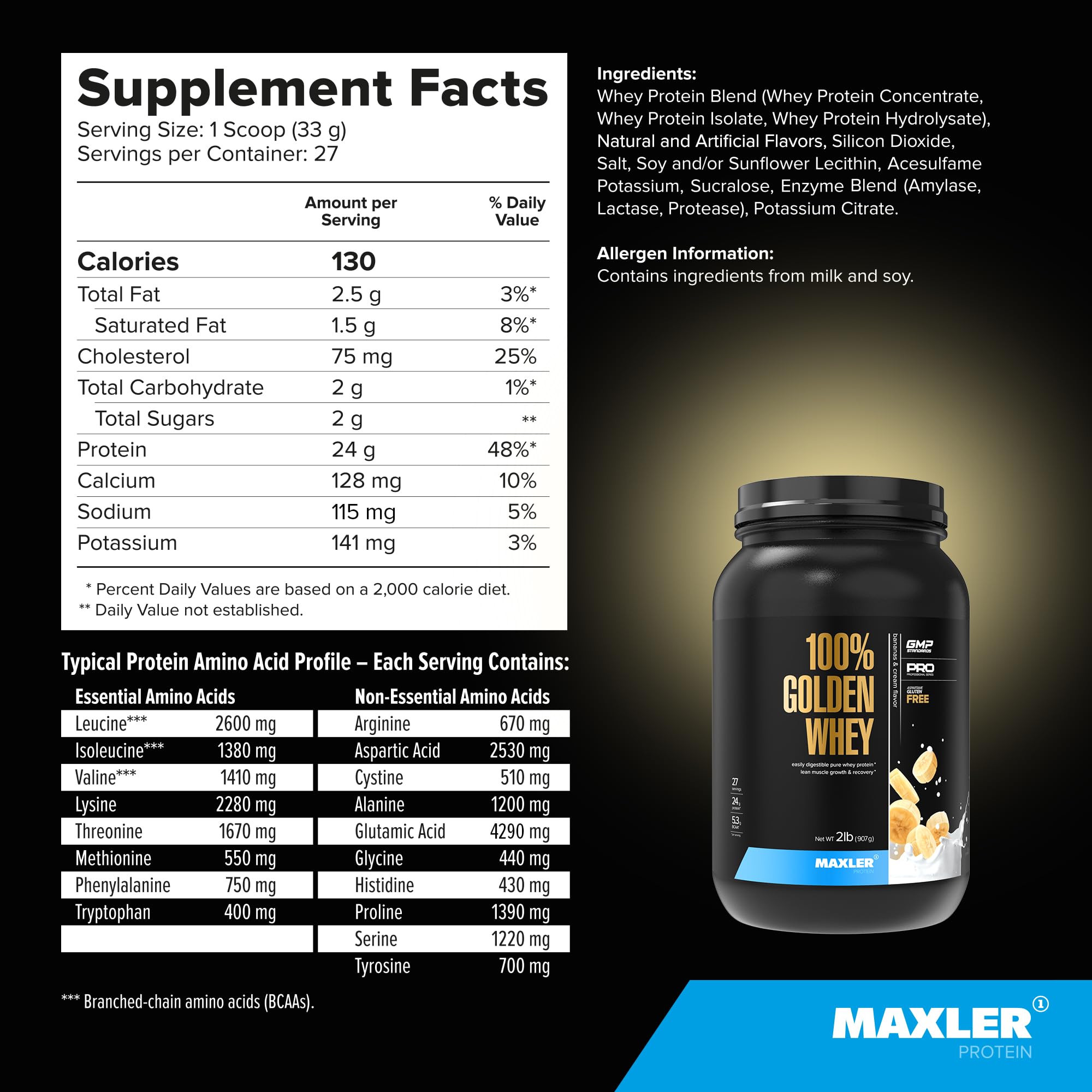 Maxler 100% Golden Whey Protein - 24g of Protein per Serving - Whey Protein Powder for Pre Post Workout - Fast-Absorbing Whey Concentrate, Isolate & Hydrolysate Blend - Bananas & Cream 2 lb — Amazon image 5