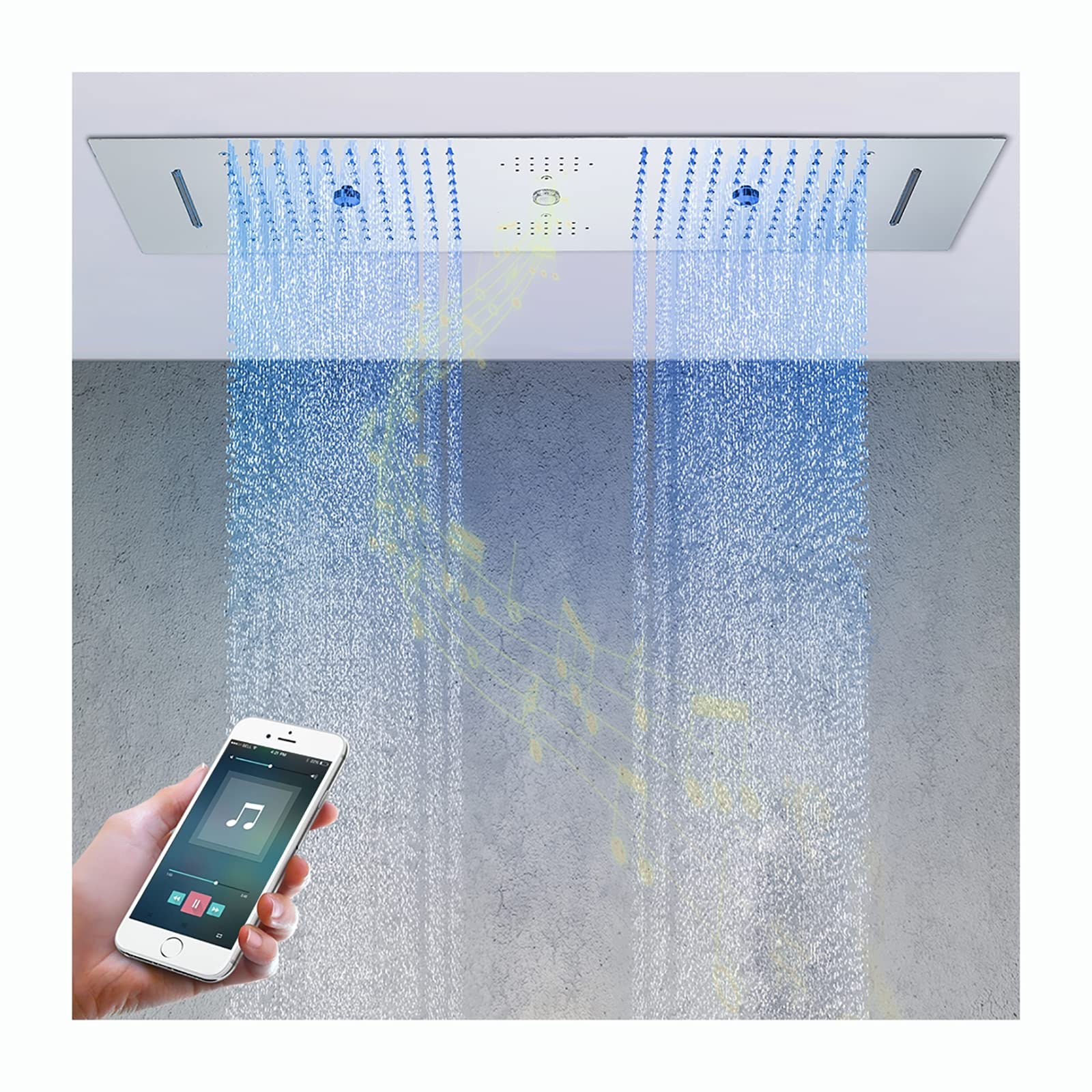 LED Música Rociador Ducha 90x30cm Cromado Alcachofas Fijas para Ducha 4 Funciones 64 Colores Alcachofa de Ducha Rectangular 304 Acero Inoxidable Cabezal de Ducha Lluvia,Touch Control