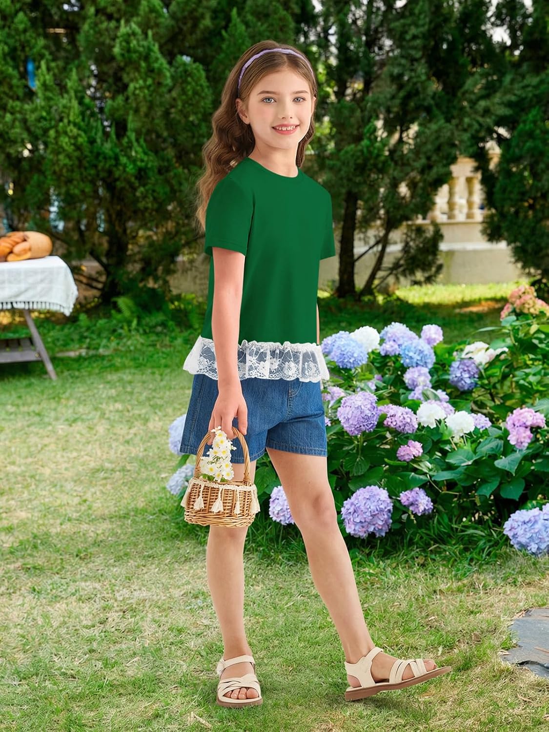 Girls Short Sleeve T Shirts Kids Cute Lace Hem Crewneck Summer Tops Tees 5-14 Years - Image 3