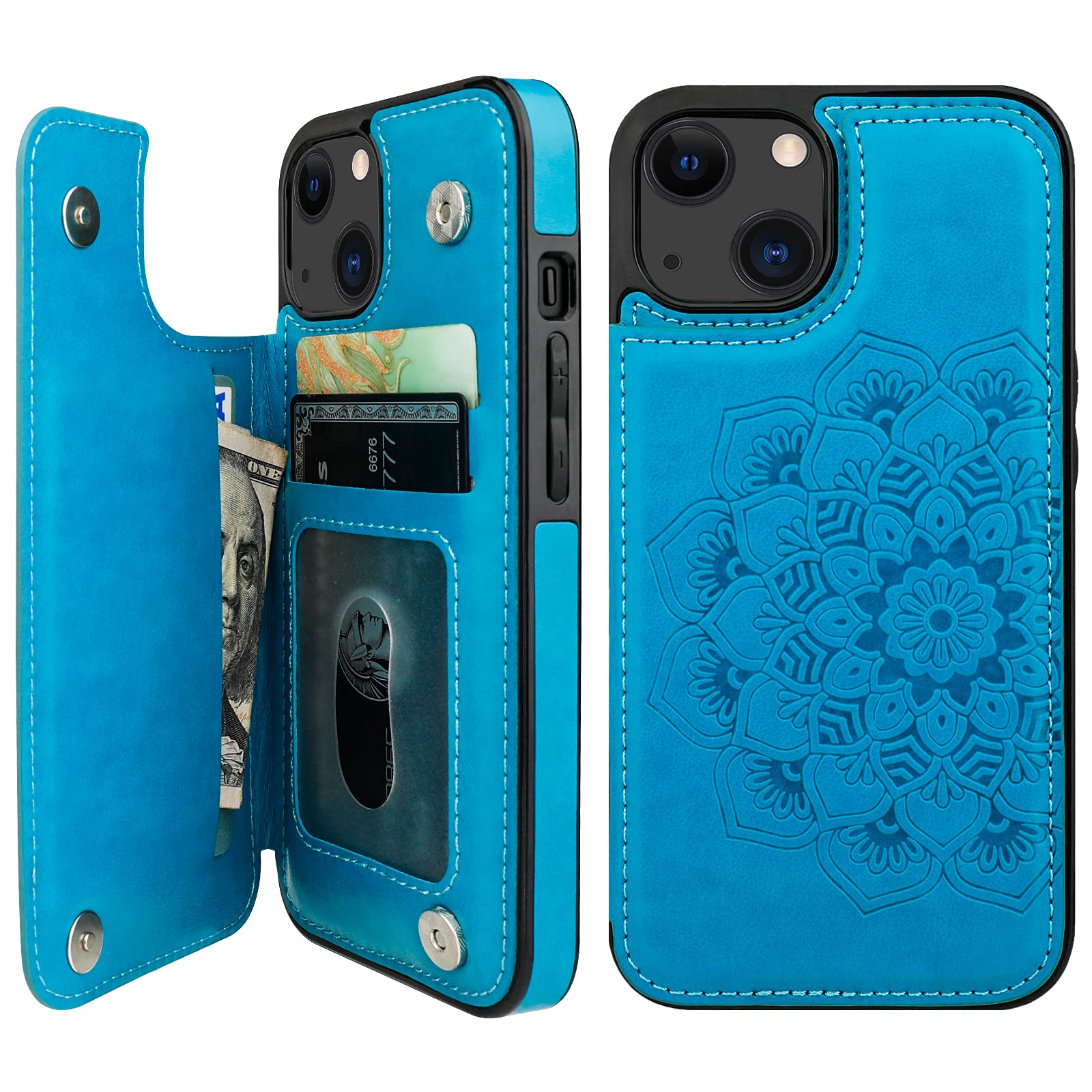 Custodia Vaburs A Portafoglio Per IPhone 13 Con Motivo Mandala In Rilievo - Pelle PU, Porta Carte E Supporto Magnetico Auto, Oro Rosa - 3