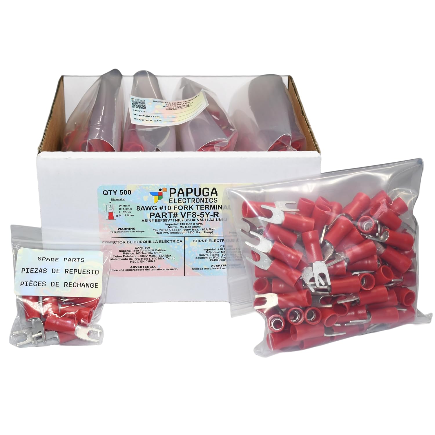 PAPUGA 500PCS 8 AWG (10 mm2) #10 / M5 Insulated Fork Spade Crimp Connector, 600V 62A, UL cUL Automotive Electrical Crimp Terminal, Electrical Repair