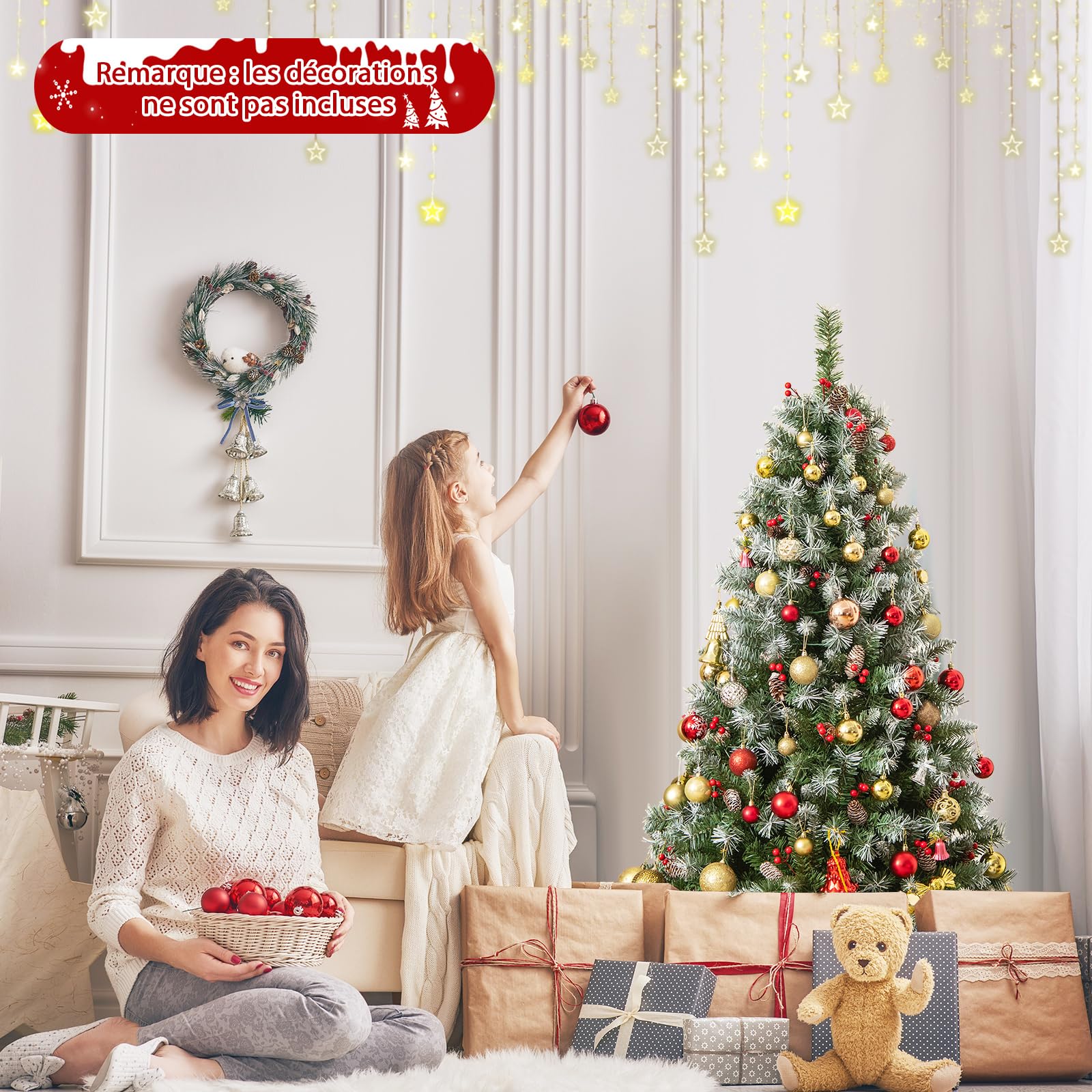 COSTWAY Sapin de Noël 150 cm, 450 Branches Articulées avec 200 LED Blanc Chaud, 8 Éclairage, Baies Rouges & Pommes de Pin, Arbre de Noël pour Fêtes, Bureau, Maison(150 cm)
