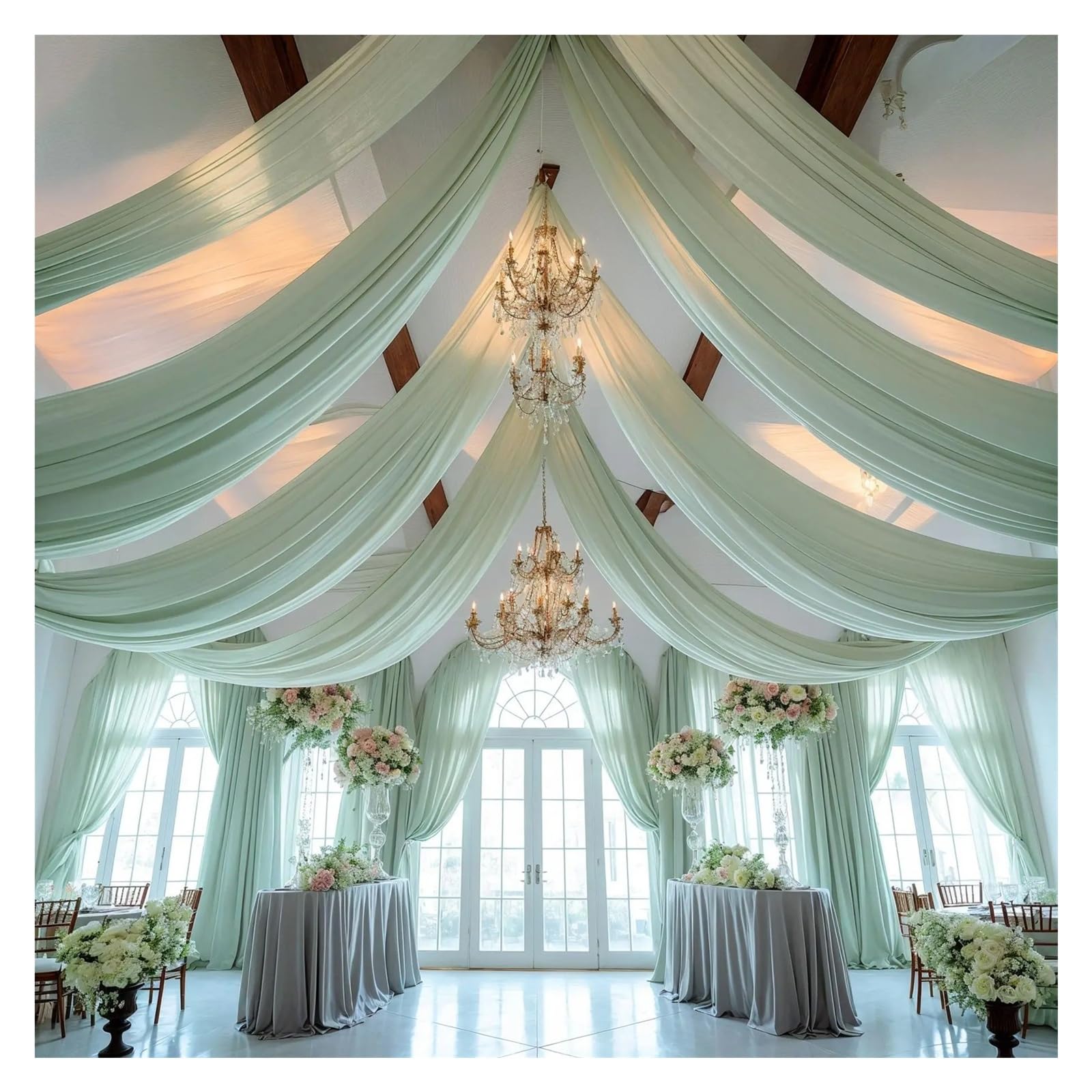 Panneaux De Rideaux De Plafond Rideaux de Plafond en Tissu Blanc Pur, décoration Toit d'arc Mariage, Rideau Tulle Gaze for fête, cérémonie, scène d'hôtel(Green,W150XH1000CM)