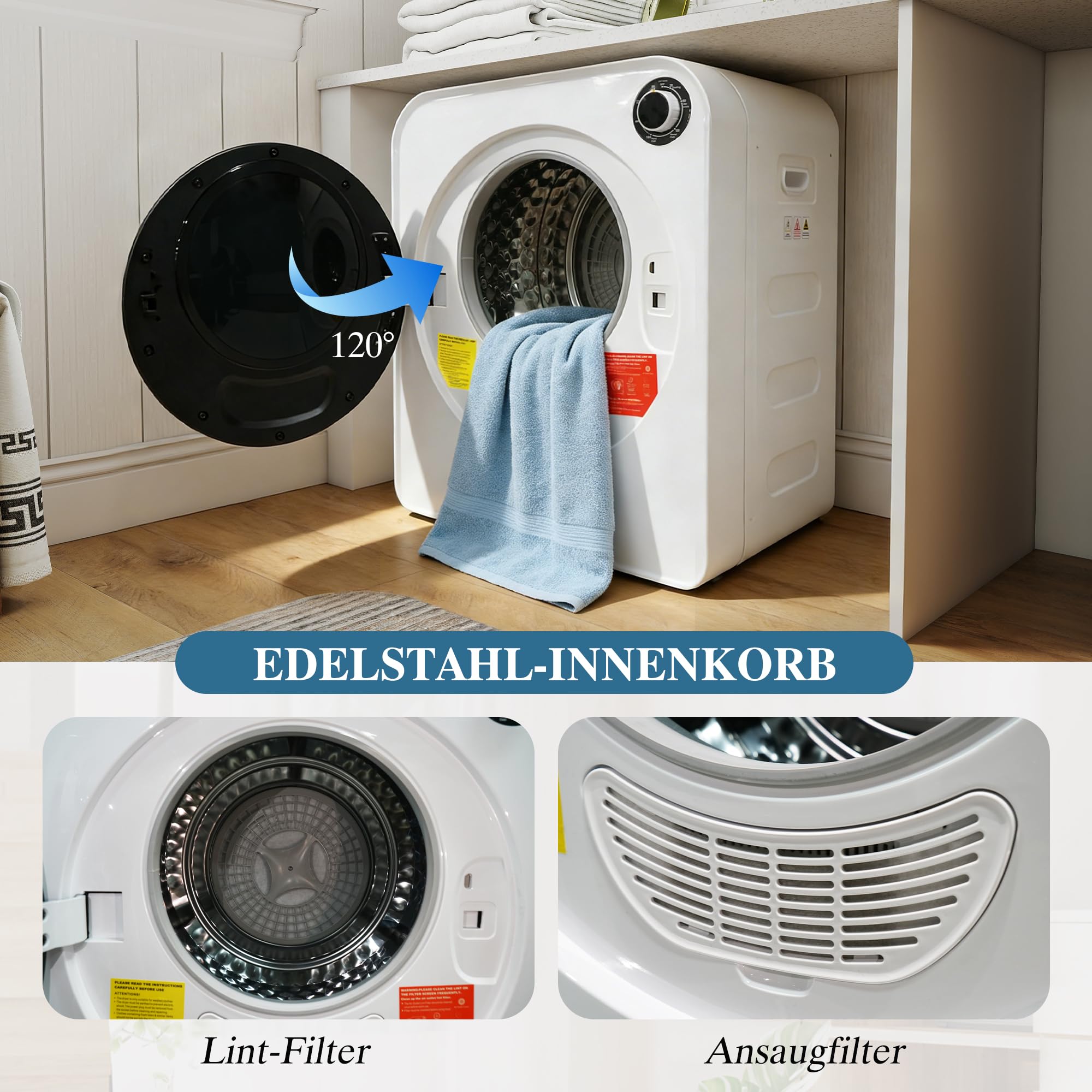 Secadora de 3 kg de capacidad nominal (4 kg eficaz) con calefacción de cerámica PTC, tambor de acero inoxidable, 4 programas de secado, función de refrigeración, doble seguridad, apilable y montaje en
