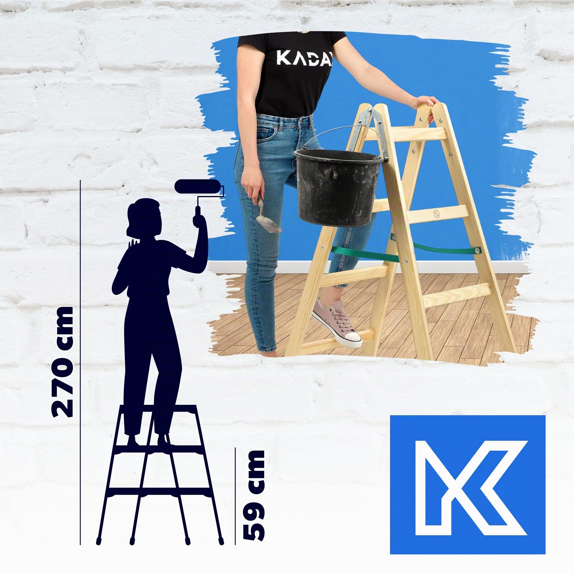 KADAX Scala a Pioli Doppia in Legno di Pino Impregnato, Scaletta Pieghevole con Gancio in Acciaio e Certificata EN 131, Fino a 150 kg (4 Gradini)