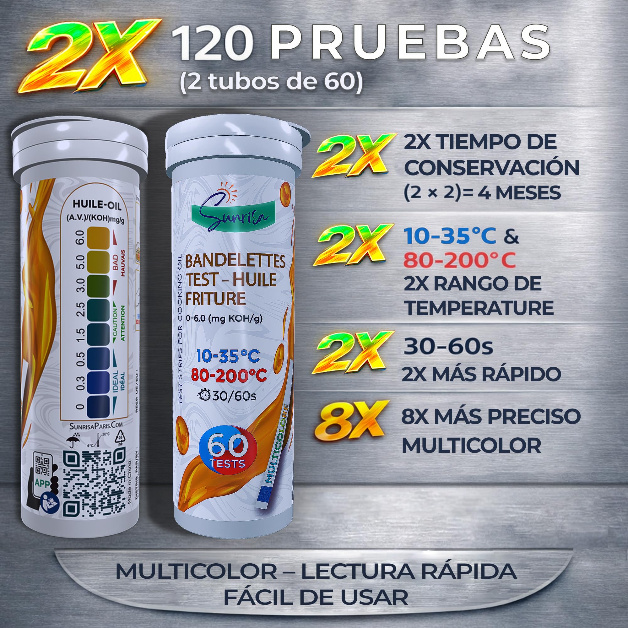 CALOR&FRÍO | 120 Tiras Reactivas Aceite Freidora y Fritura | Medir en solo 30seg | 2 Tubos Larga Conservación | Certificación ISO 9001 | Cumple APPCC | APP Web FFA KOH Pro