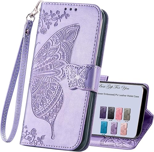 HAOTP Funda para teléfono Samsung Galaxy A15 5G, funda con tapa para mujer, tarjeteros de crédito en relieve mariposa flor de cuero PU correa de