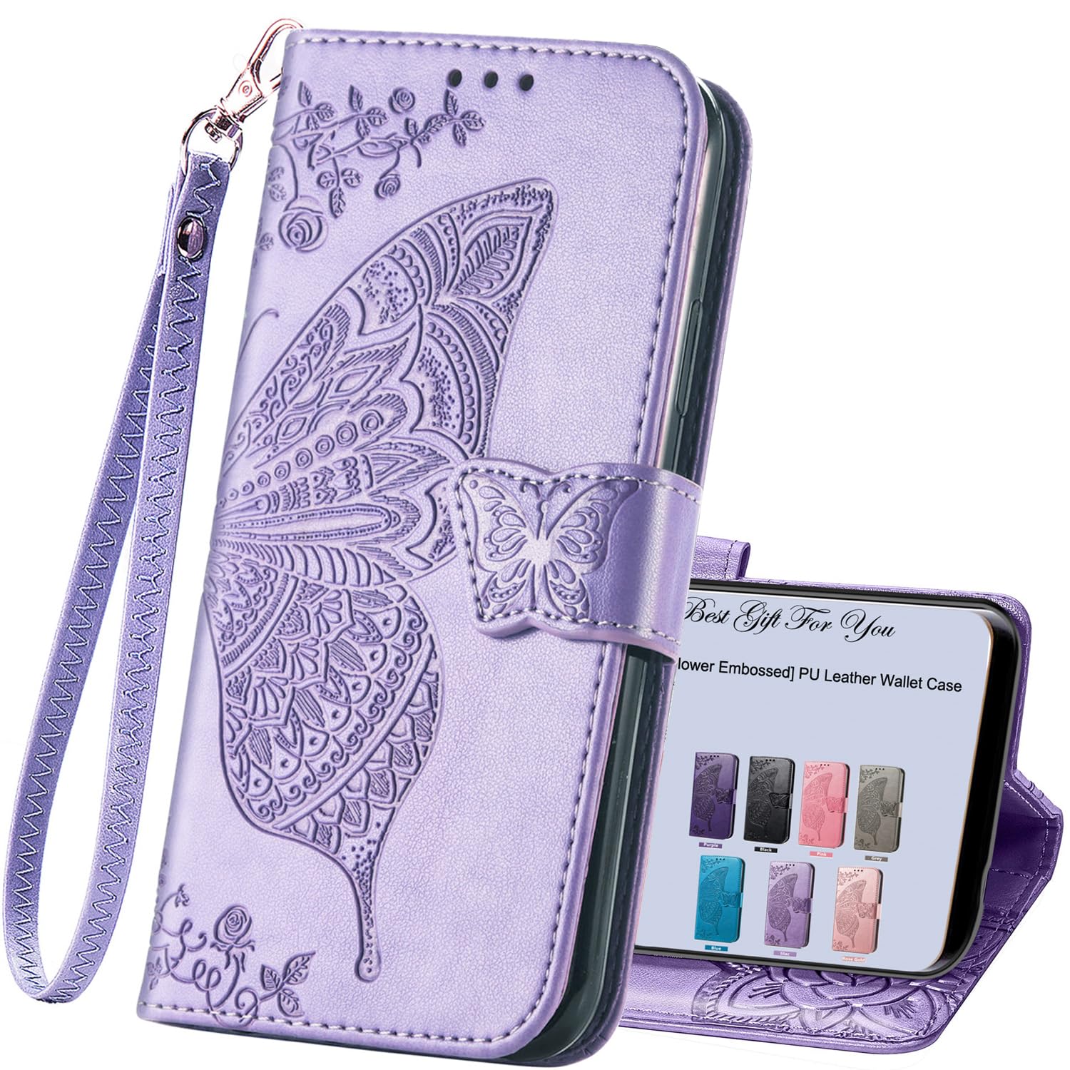 HAOTPfor Samsung Galaxy A15 5G Phone Case Wallet,Women Flip Folio Cover Credit Card Holders Emboss Butterfly Flower PU Leather Purse Wrist Strap Kickstand Case for Samsung Galaxy A15 5G Light Purple