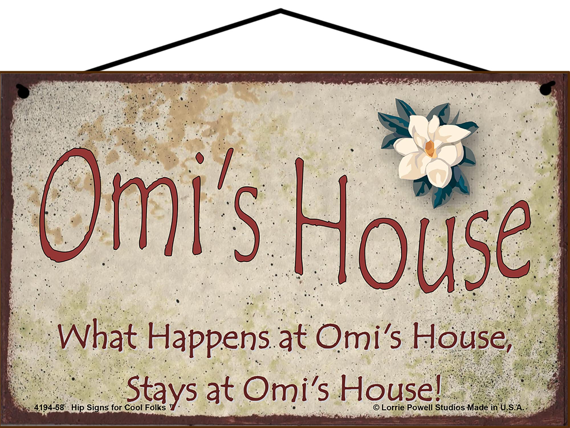 Targa Decorativa Per Casa 'What Happens At Omi's House' Con Fiore Di Magnolia – Vintage, Due Misure, Regalo Per Nonna