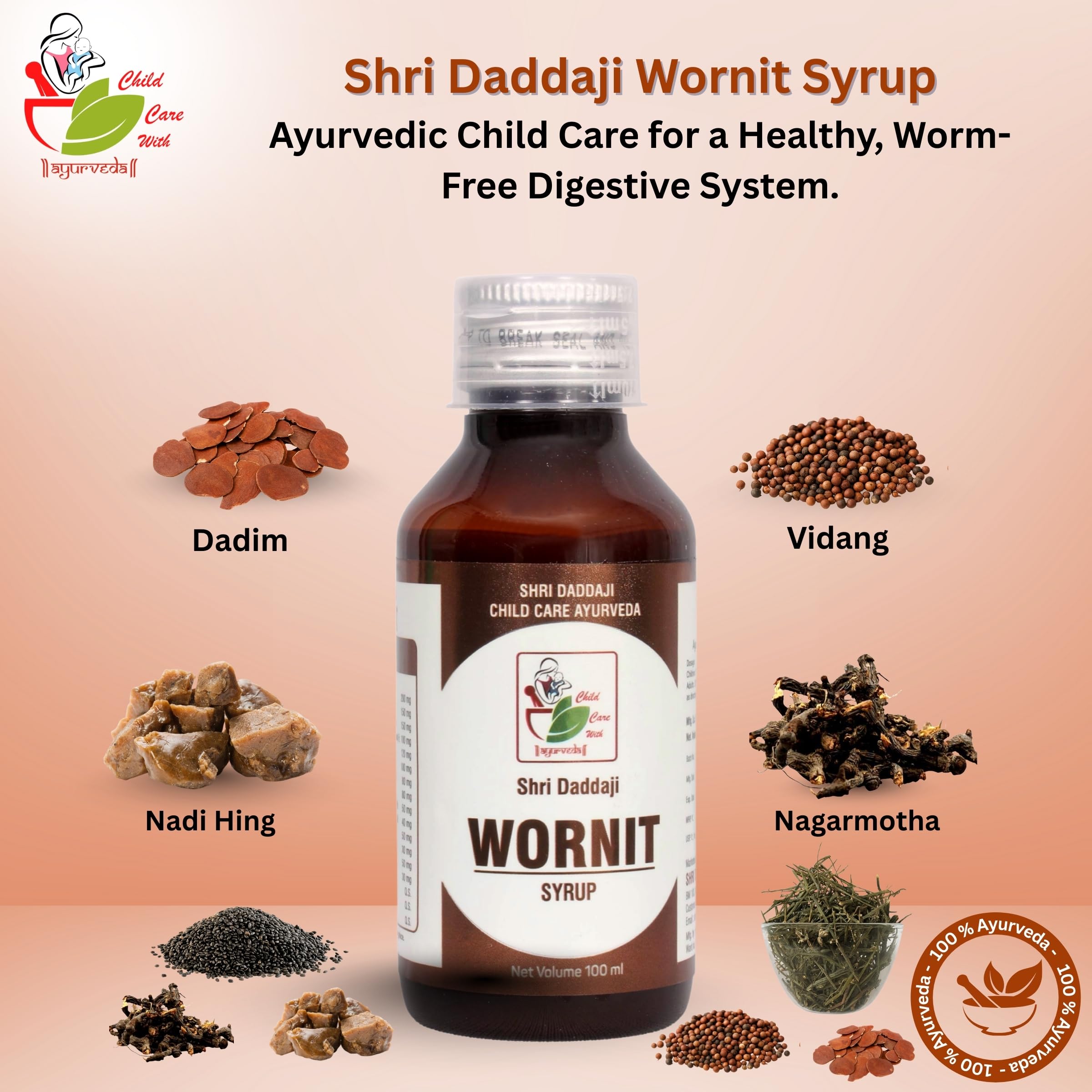 Shri Daddaji Wornit Syrup for Kids – Ayurvedic Deworming Tonic | Relief from Stomach Worms, Gas, Indigestion & Poor Appetite | Digestive Health Support | Safe for Children | 100 ml - Image 2 thumbnail