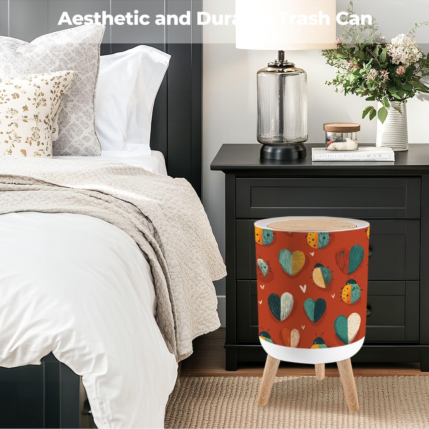 Bathroom Trash Can with Lid Cute Ladybird Motifs Funky Stripes Nursery Accent Garbage Bin Waste Basket for Kitchen Office Bedroom Decoration Diaper Pail 1.8 Gallon
