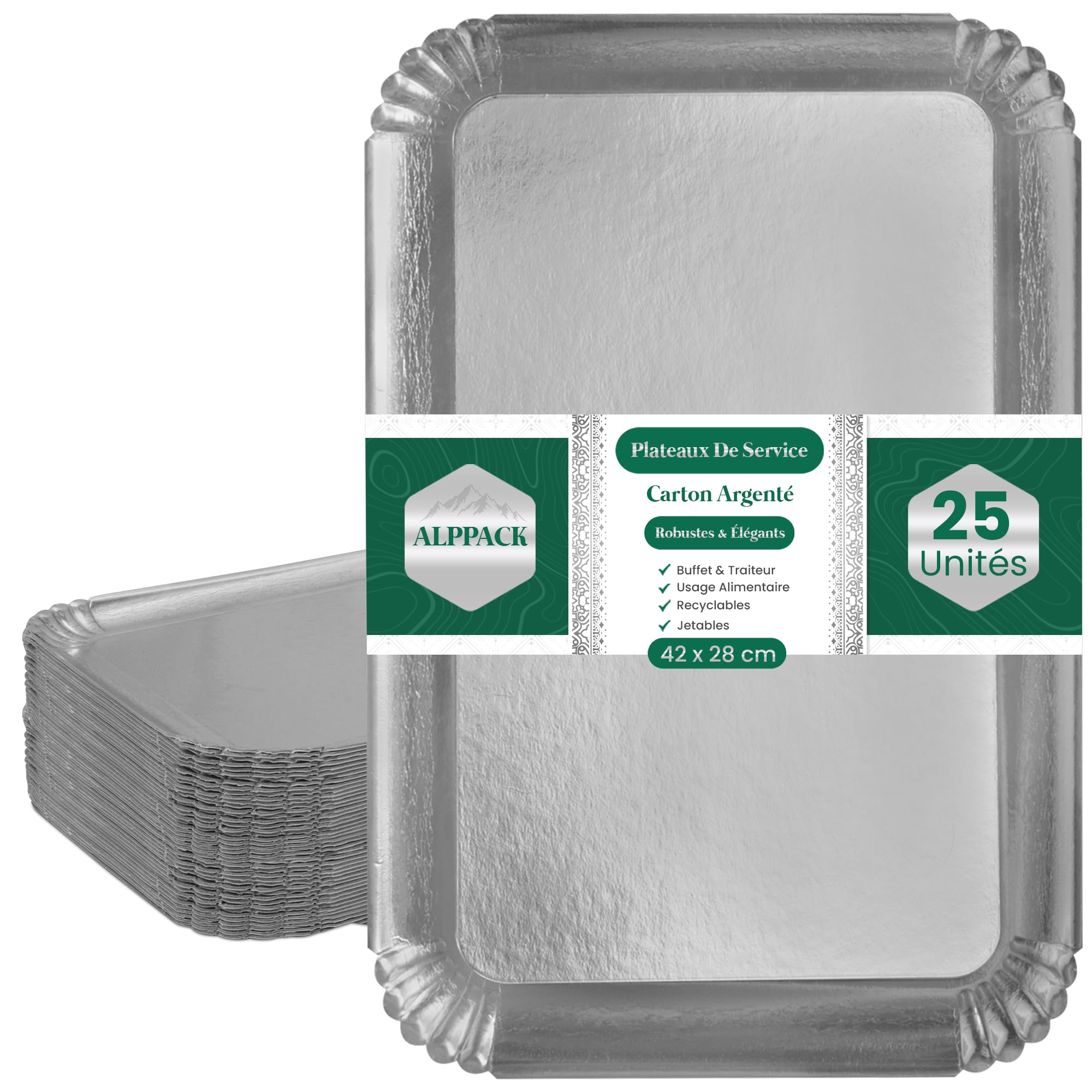 plateau service carton argenté 42×28 cm