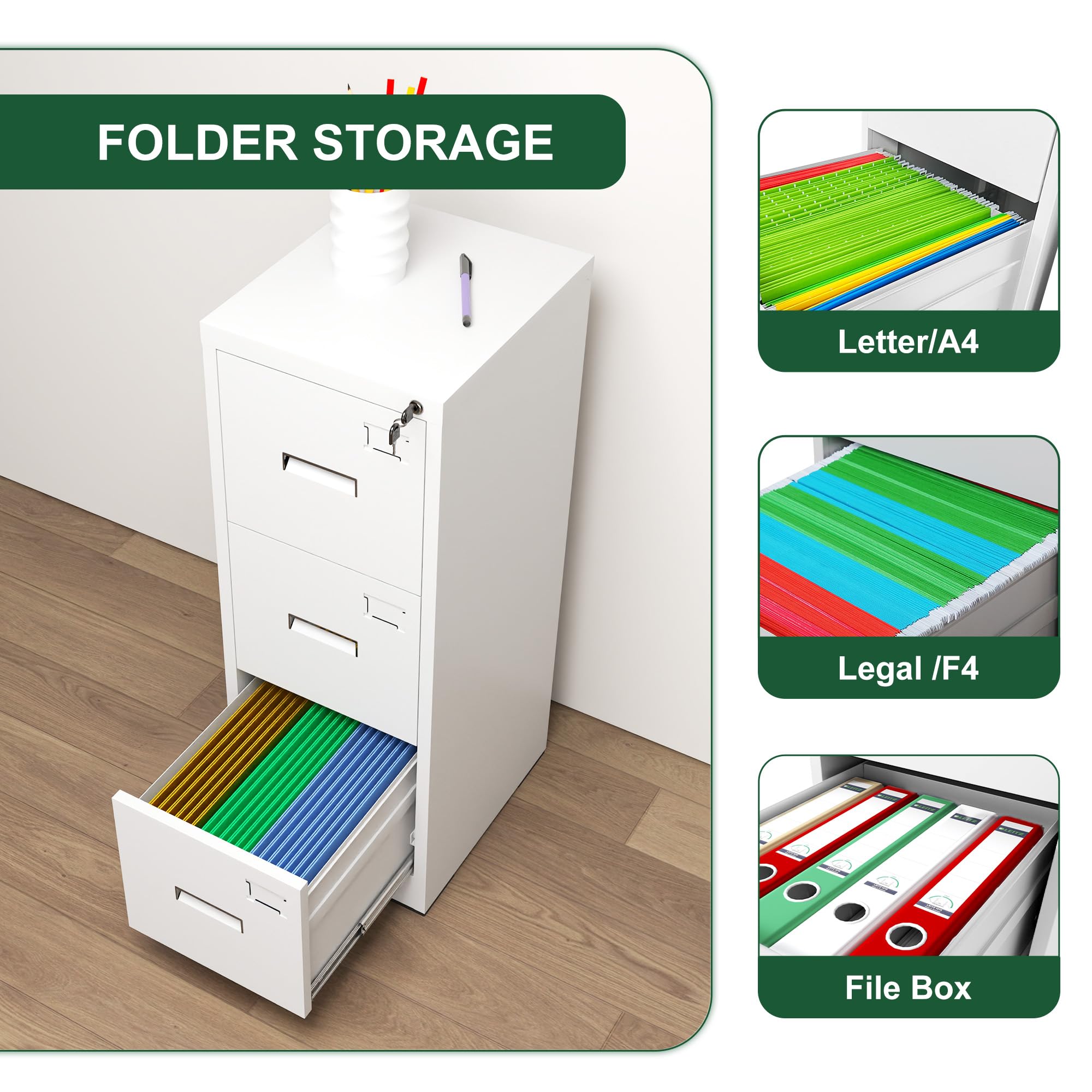 Classeur Vertical métallique à 3 tiroirs avec Serrure et Fente pour Cartes - Bureau/Maison - Classeur Vertical pour Documents A4, Légal/Lettre - Classeur étroit verrouillable, Assemblage req