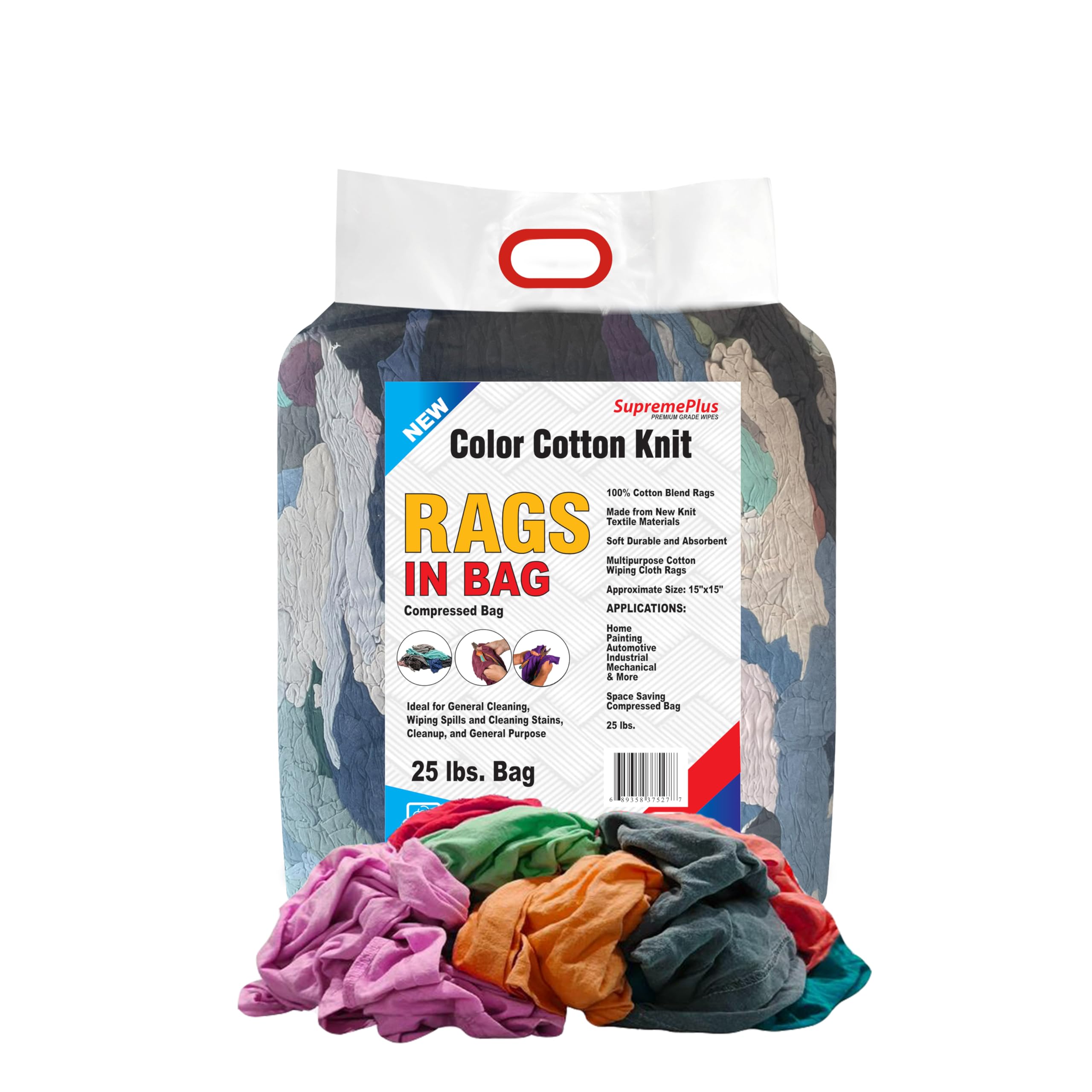 SupremePlus Premium Color Knit Cleaning Rags (25 lbs. Bag) – Shop Cloths Bulk for Workshops, Mechanics, Painters, and Home Use, Multipurpose Cotton
