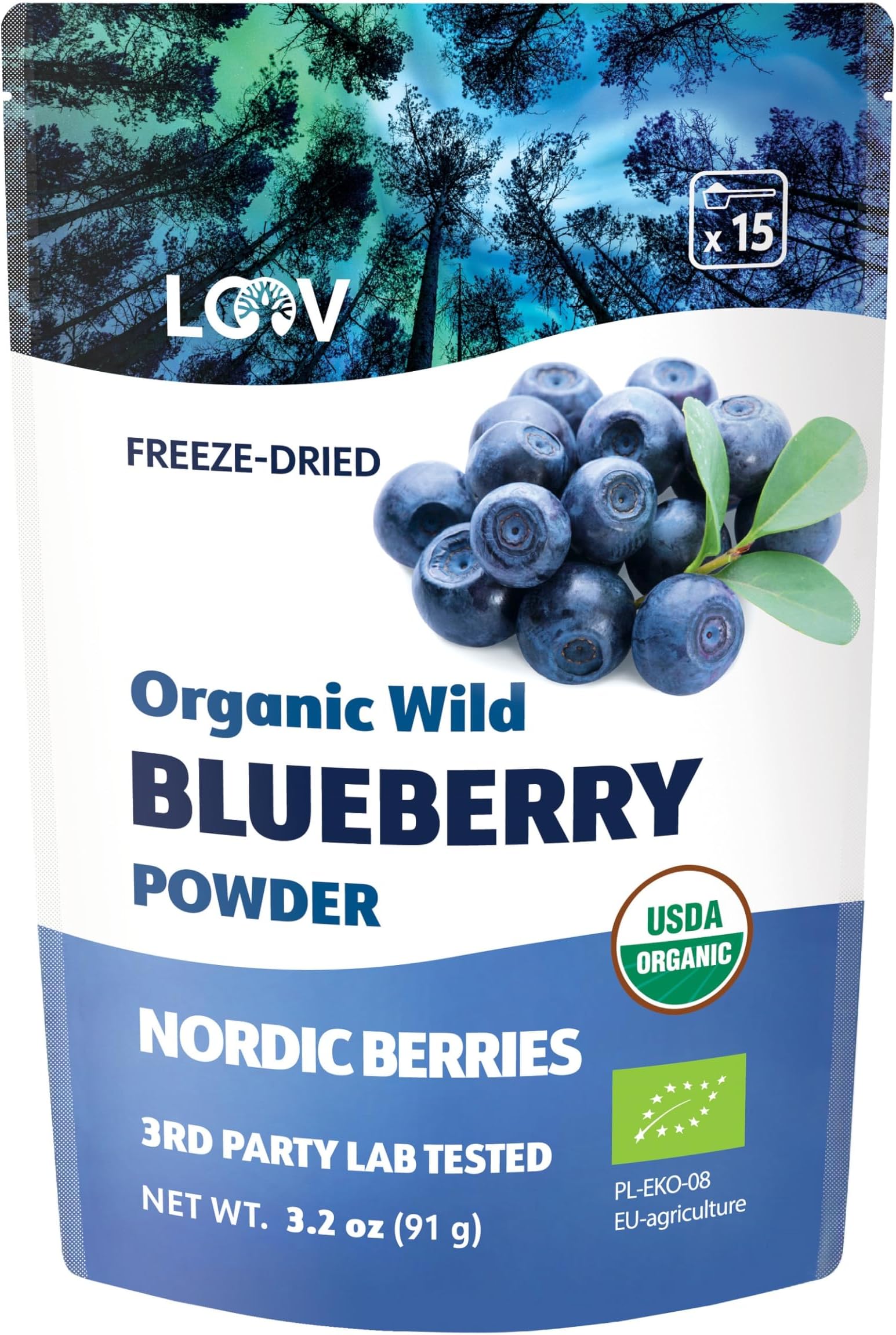 Wild Blueberry Powder Organic, wild-crafted from Nordic forests, 100% whole bilberry fruit, raw, 18-day supply, 3.2 oz, freeze-dried and powdered wild blueberries, high in anthocyanins, free e-book
