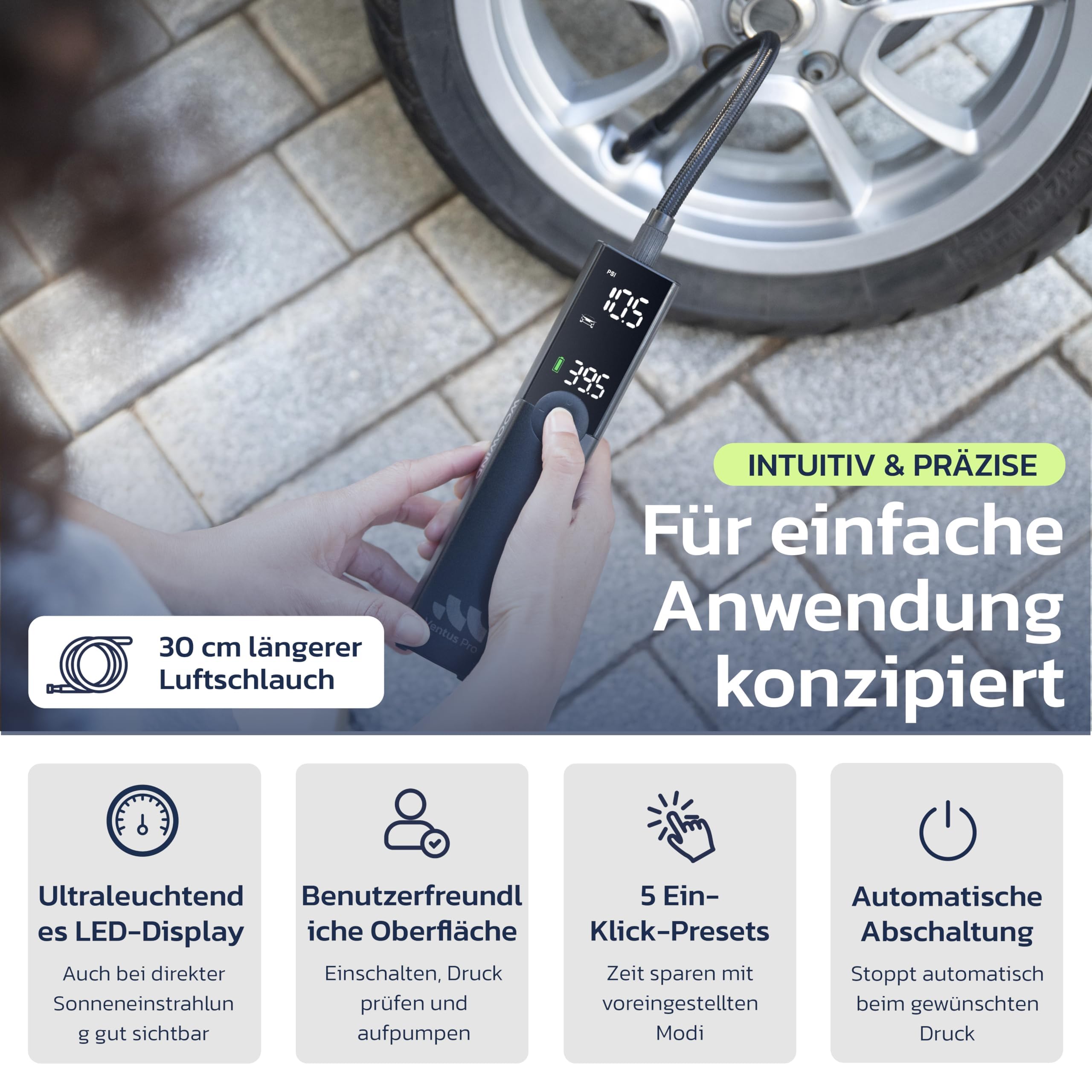 Woowind Ventus Pro Elektrische Luftpumpe, 150PSI/10,3Bar Akku Kompressor, 12V-Kabel für SUVs & Offroad-Reifen, Auto-Stopp
