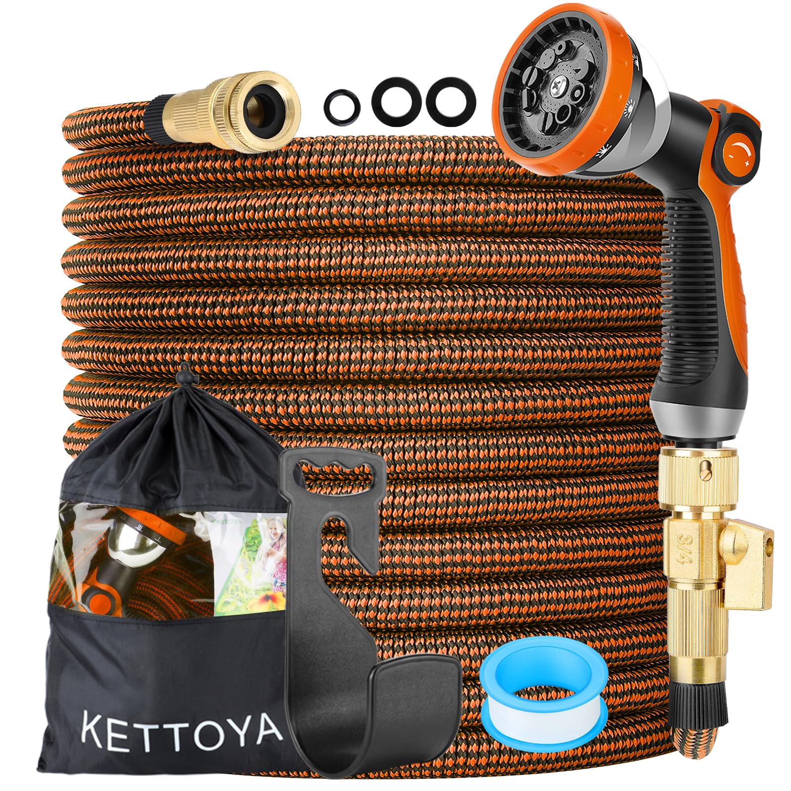 KETTOYA 50FT Expandable Garden Hose, Hose Pipe with 10-Pattern Spray Nozzle, 2-in-1 Valve Quick Connector, Flexible Heavy Duty Water Hose, Durable 3750D, 4-Layer Latex Core, Leak-Proof, Kink-Free
