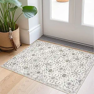 KILOCOCO 2x3 Small Area Rug, Moroccan Super Soft Entryway Rugs Indoor Vintage Washable Rug Non-Slip Indoor Door Mat, Accent Print Faux Wool Throw Rug for Kitchen Bedroom Entrance, Cream Beige Grey