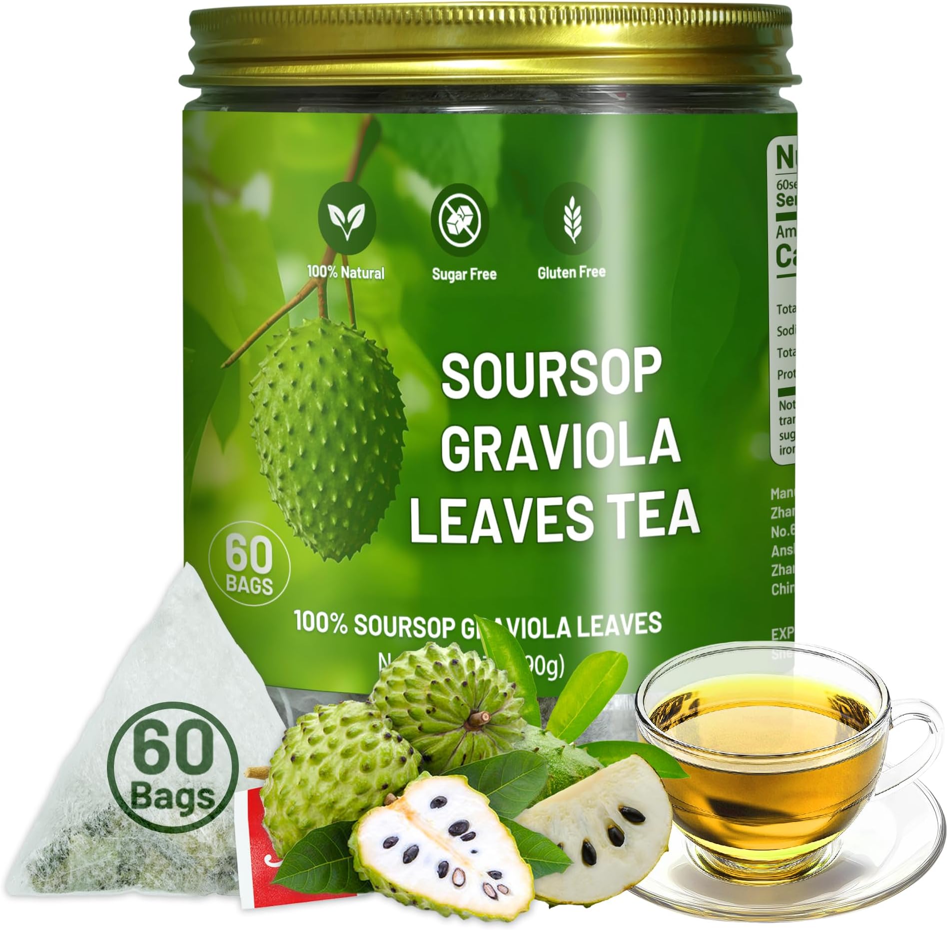 60 Premium Soursop Tea Bags - Pure Graviola Leaves, Herbal Soursop Leaf Tea, Guanabana Natural Tea｜Caffeine-Free｜Daily Enjoyment, Corn Fiber Sachets, Jar Packed
