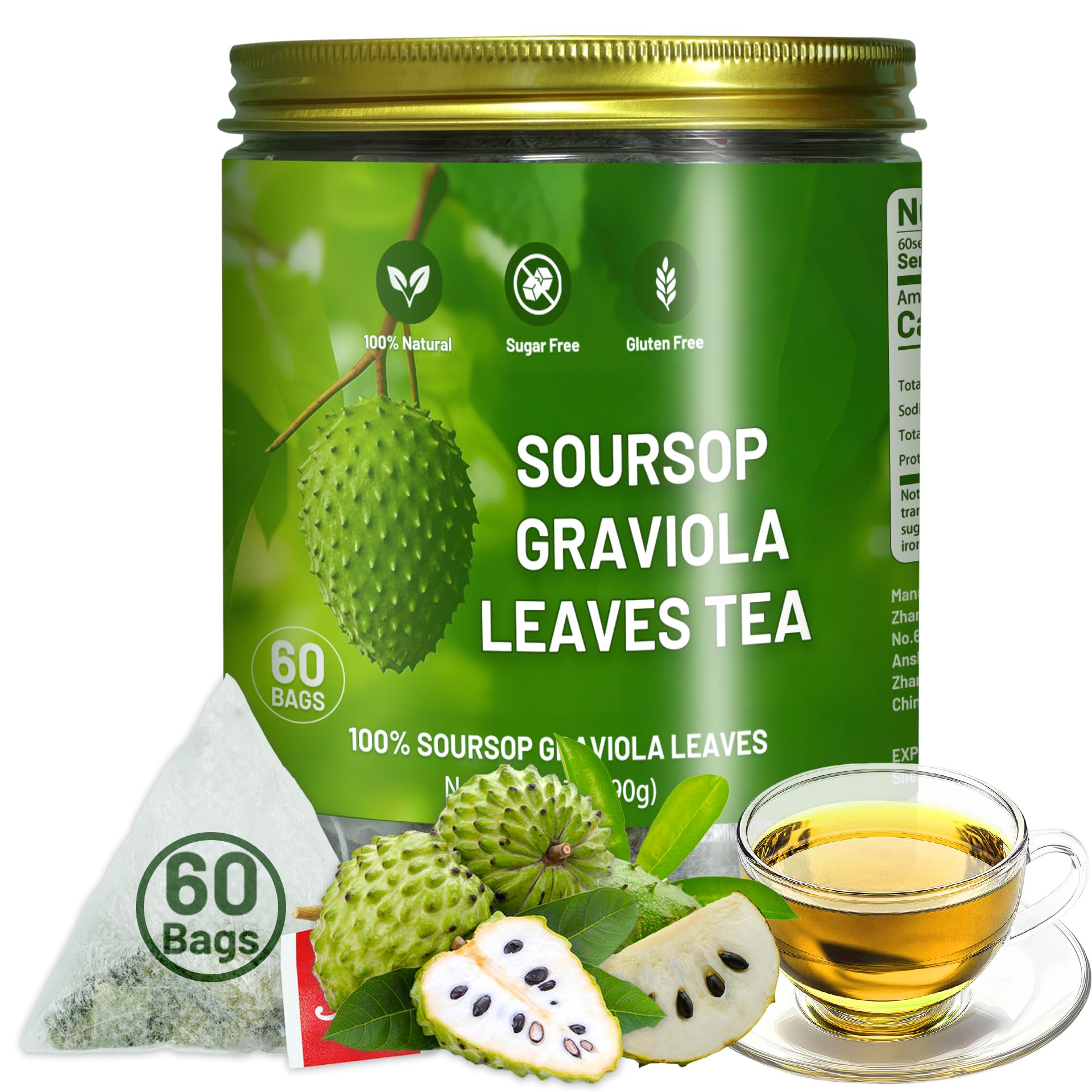60 Premium Soursop Tea Bags - Pure Graviola Leaves, Herbal Soursop Leaf Tea, Guanabana Natural Tea｜Caffeine-Free｜Daily Enjoyment, Corn Fiber Sachets, Jar Packed