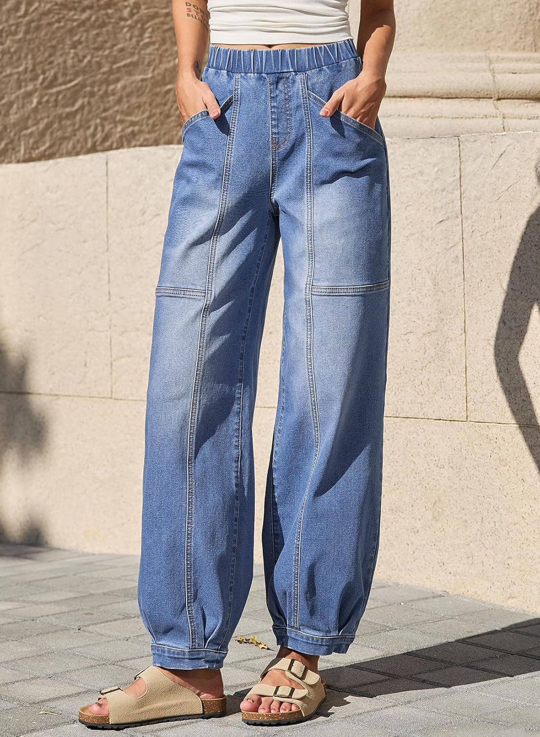 Sidefeel Barrel Jeans for Women Trendy Wide Leg High Waisted Cropped Baggy Relax Fit Stretch Pocketed Denim Ankle Pants - Image 6