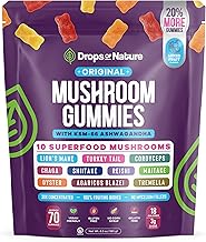 Drops Of Nature Mushroom Gummies 10-in-1 with KSM-66 Ashwagandha – Lions Mane Turkey Tail Cordyceps Shiitake Tremella Oyster Agaricus – Vegan Functional Mushroom Supplement (Mixed Fruits, 70 Gummies)