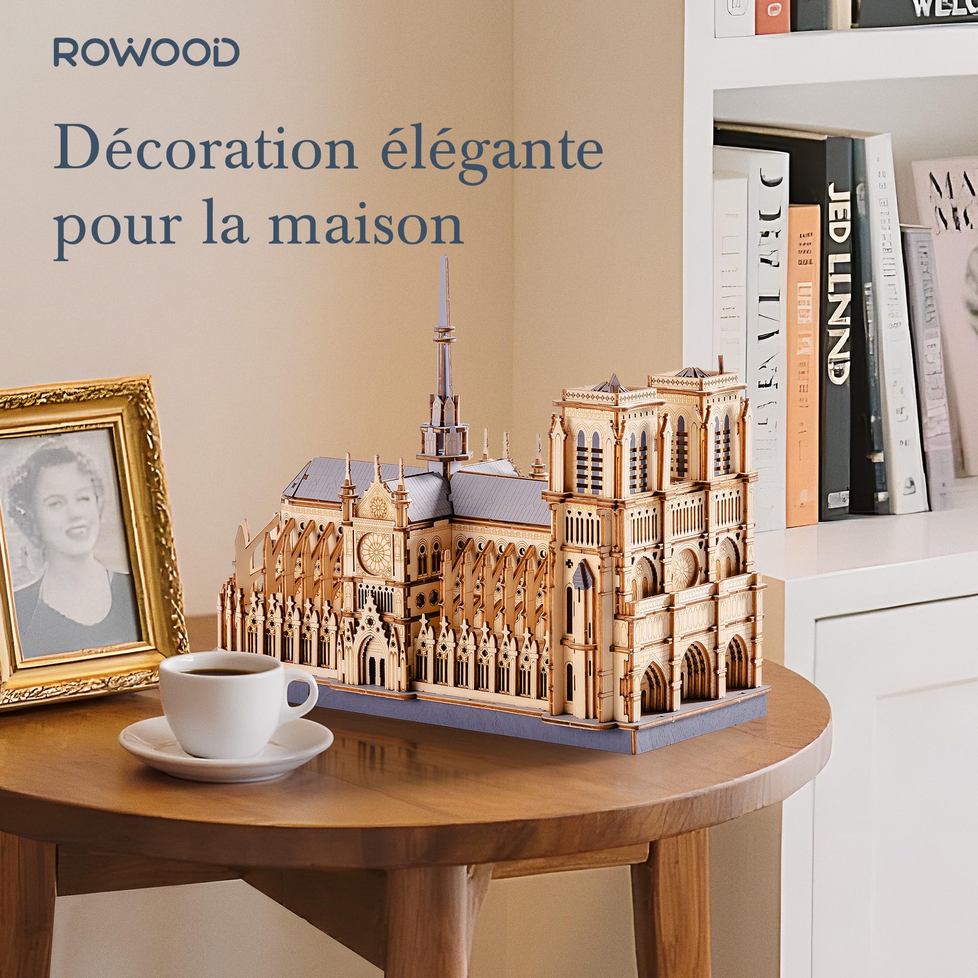 ROWOOD Notre Dame de Paris Puzzle 3D en Bois Modèle d’Architecture, 330 Pièces Kit DIY Découpe Laser pour Adultes et Adolescents, Décoration Élégante et Cadeau Créatif pour Passionnés d’Architecture