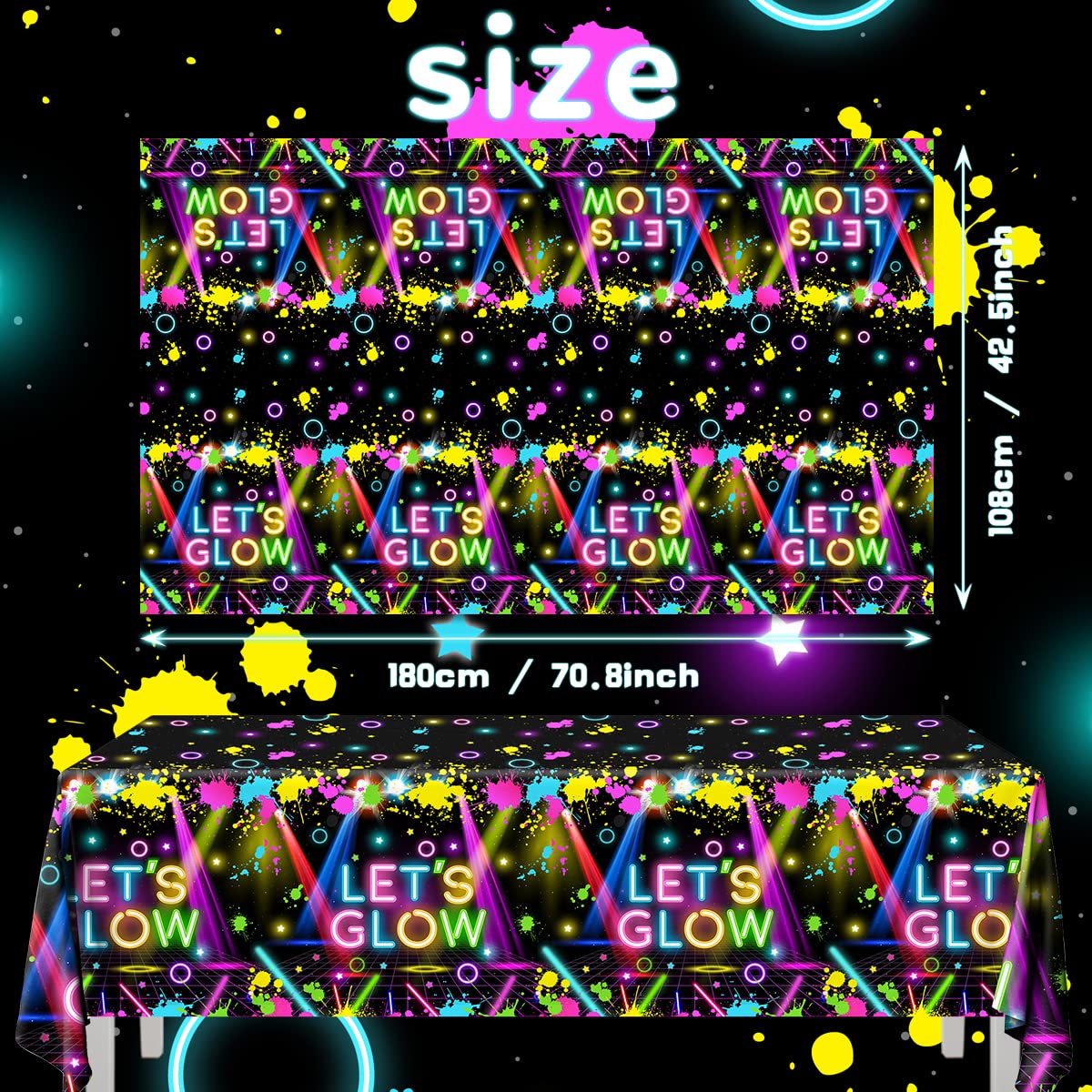 Neon Glow In The Dark Table Covers - 3 Pack Plastic Party Tablecloths For Black Light Birthday Decor