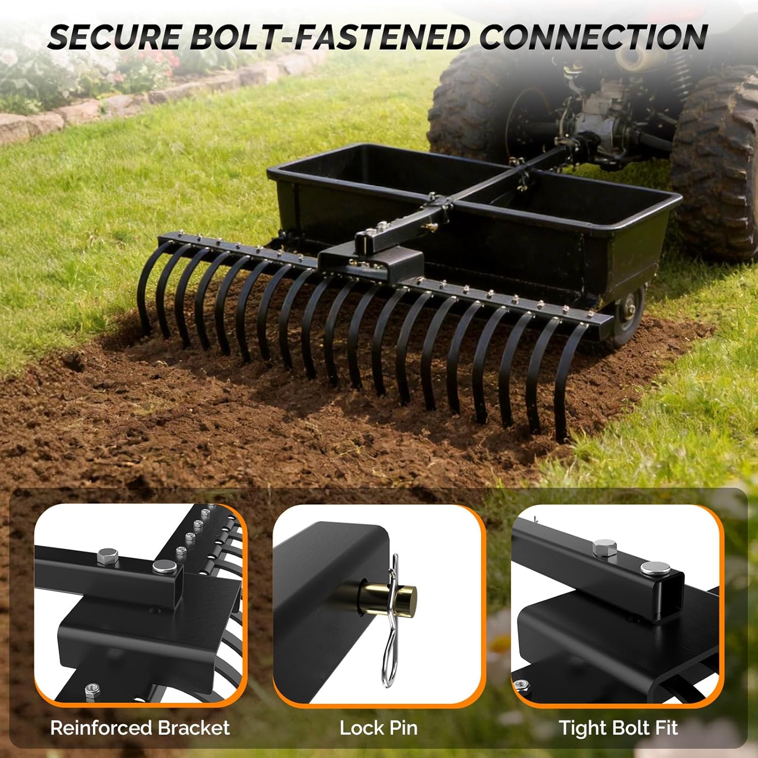 VINGLI 60" Tow Behind Landscape Rake with 21 Spring Steel Tines, 2" Receiver Lawn Dethatcher Rake for ATV/UTV & 3-Point Hitch Tractor, for Leaves, Pine Needles, Debris, Grass, Black