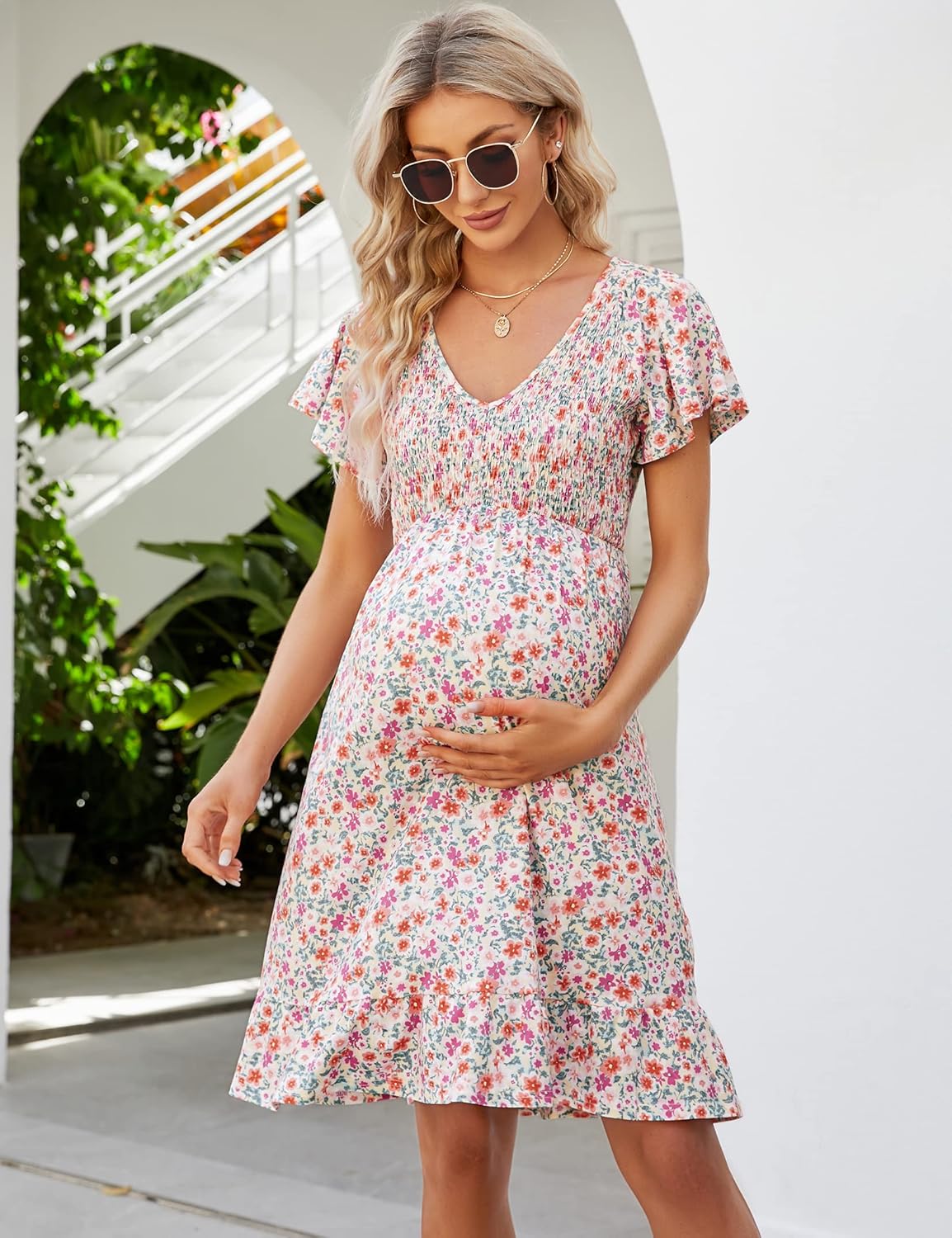 KOJOOIN Women's Maternity Smocked Long Sleeve Ruffle Dress V Neck Fall Casual Flowy Midi Dress for Baby Shower Photoshoot