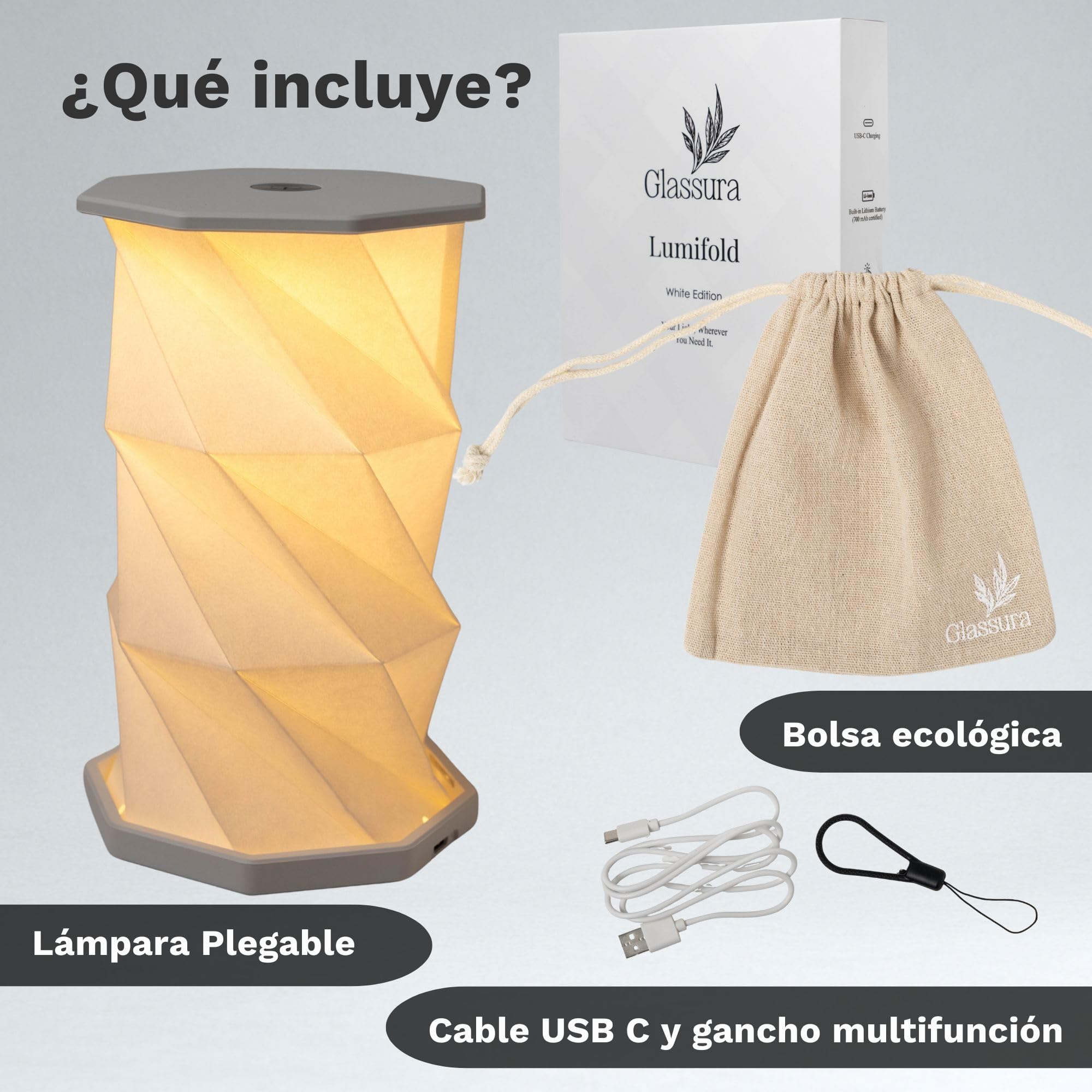 Lámpara plegable LED ABS, recargable USB-C, 3 modos de luz y sin cables. | Diseño origami 360° para mesita, salón, terraza cubierta y viajes; más de 12h de autonomía, decoración y regalo