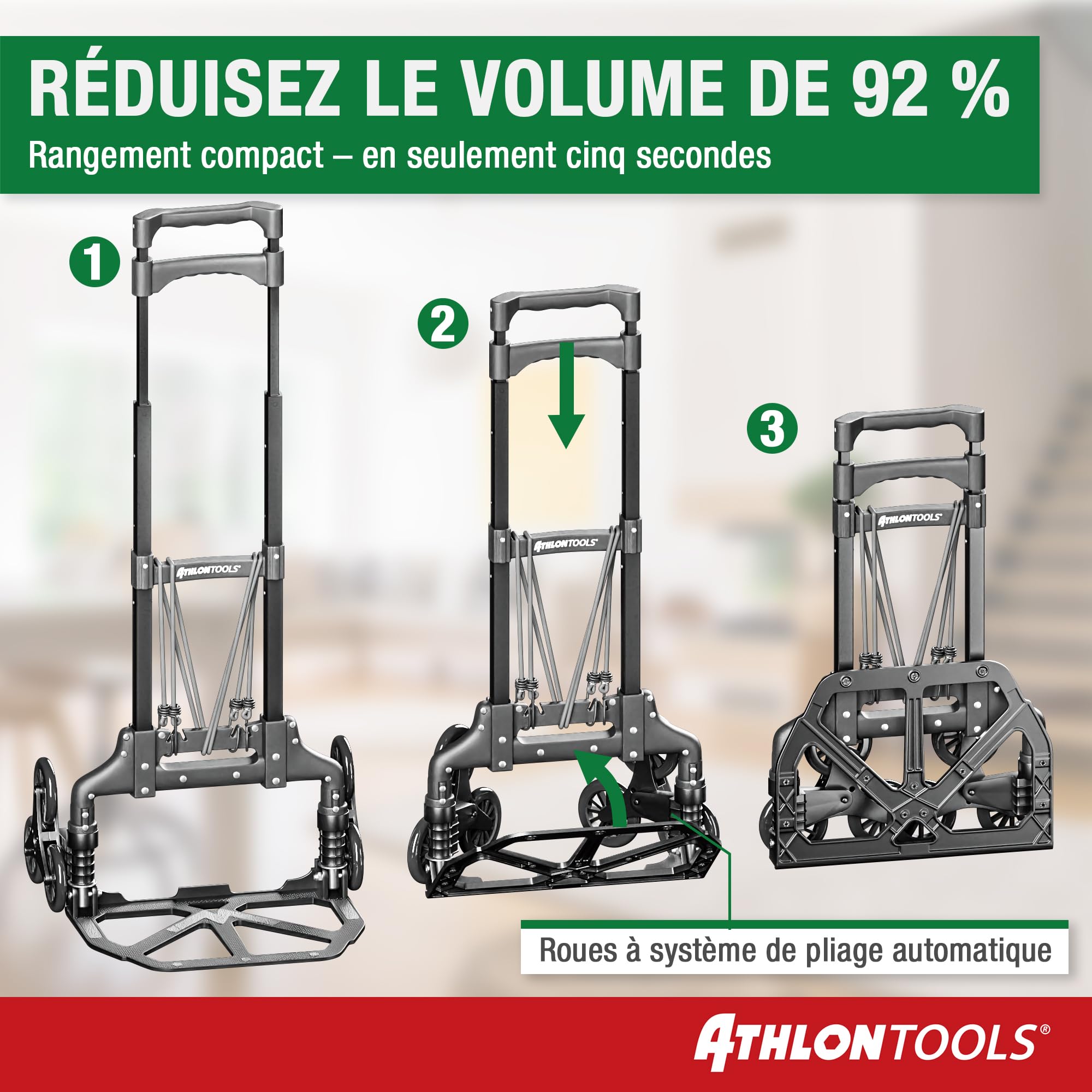 ATHLON TOOLS Diable Pliable en Aluminium avec Patins antidérapants TÜV GS-certifié- Roues avec Surface de roulement Douce - avec 2 Cordes d'expansion - modèle 2025