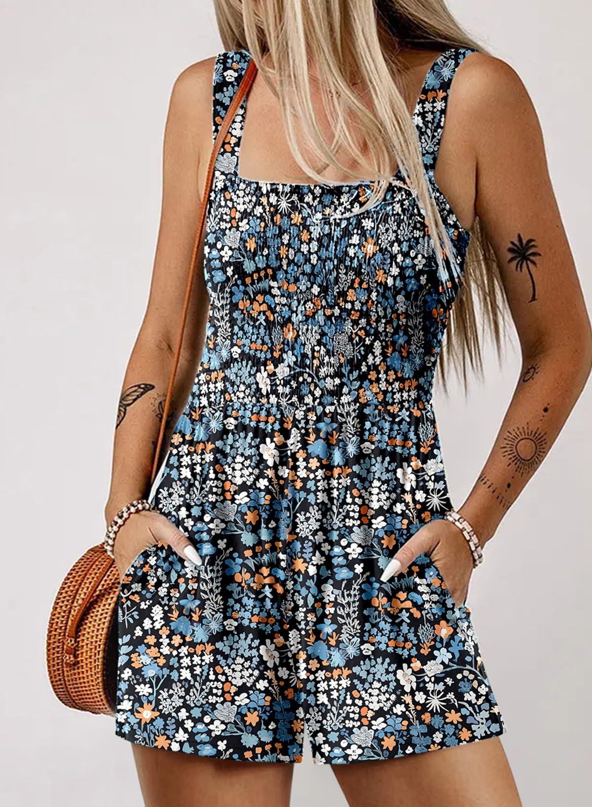 Jumpsuit Donna Estiva Salopette Corta Pantaloni Tuta Gamba Allentata Con Tasche Boemia Casual Senza Maniche Salopette con Tasca