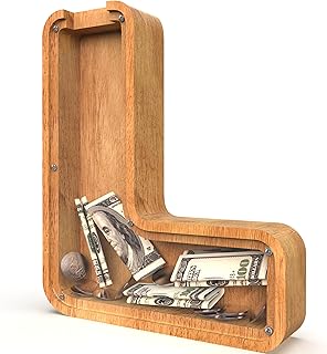 Piggy Bank for Kids Boys Girls, Large Personalized Wooden Letter Piggy Bank with Cut-Out Design, Alphabet Letter Coin Banks, Money Savings Box, Wooden Bank for Kids Creative Gift for Real-Money(L)