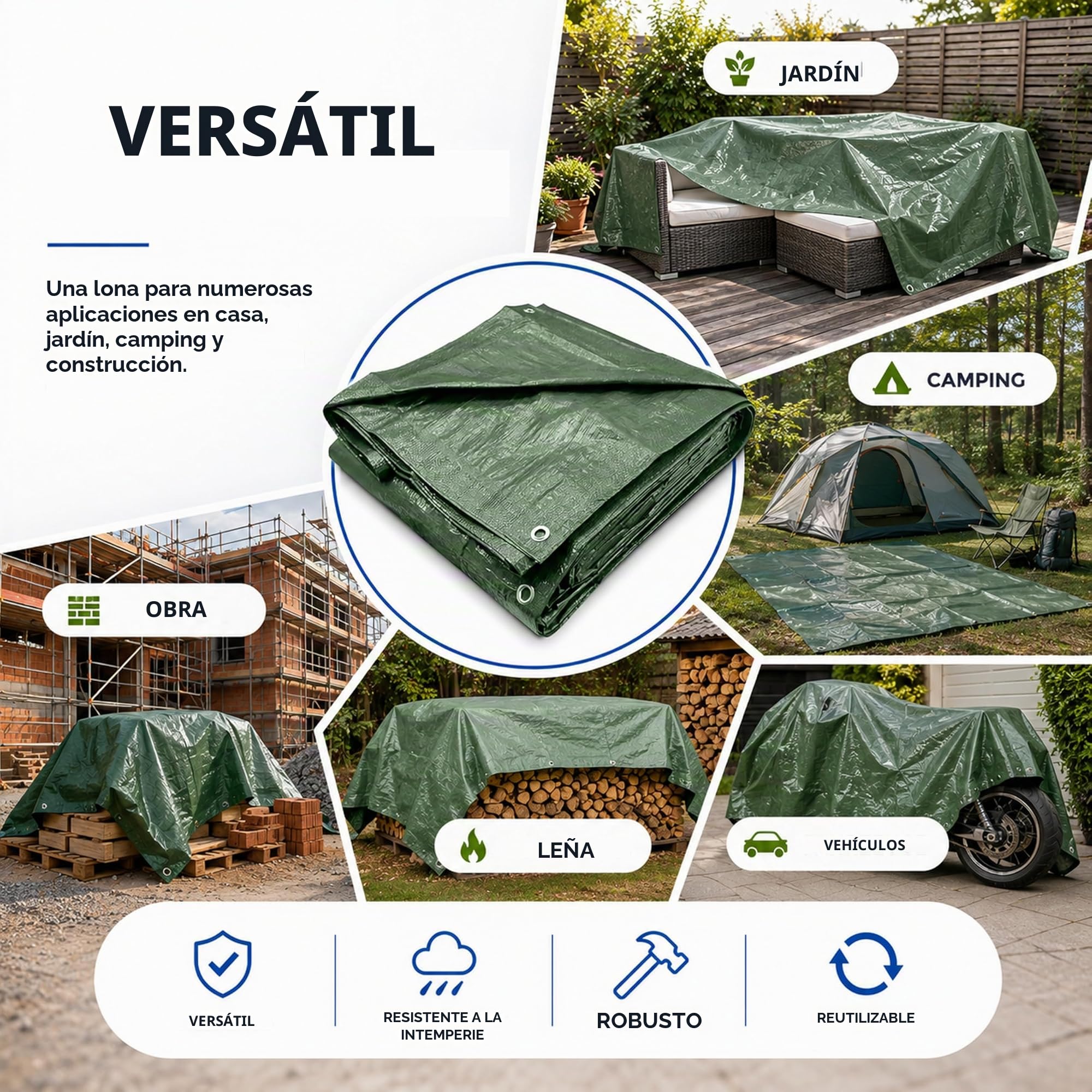 Lona de protección y Lona de 3x4 m, Verde, Lona de jardín y Lona Multiusos Impermeable, 150 g/m², Verde, con Ojales para Base de Tienda de campaña, Lona para Tienda de campaña y Camping