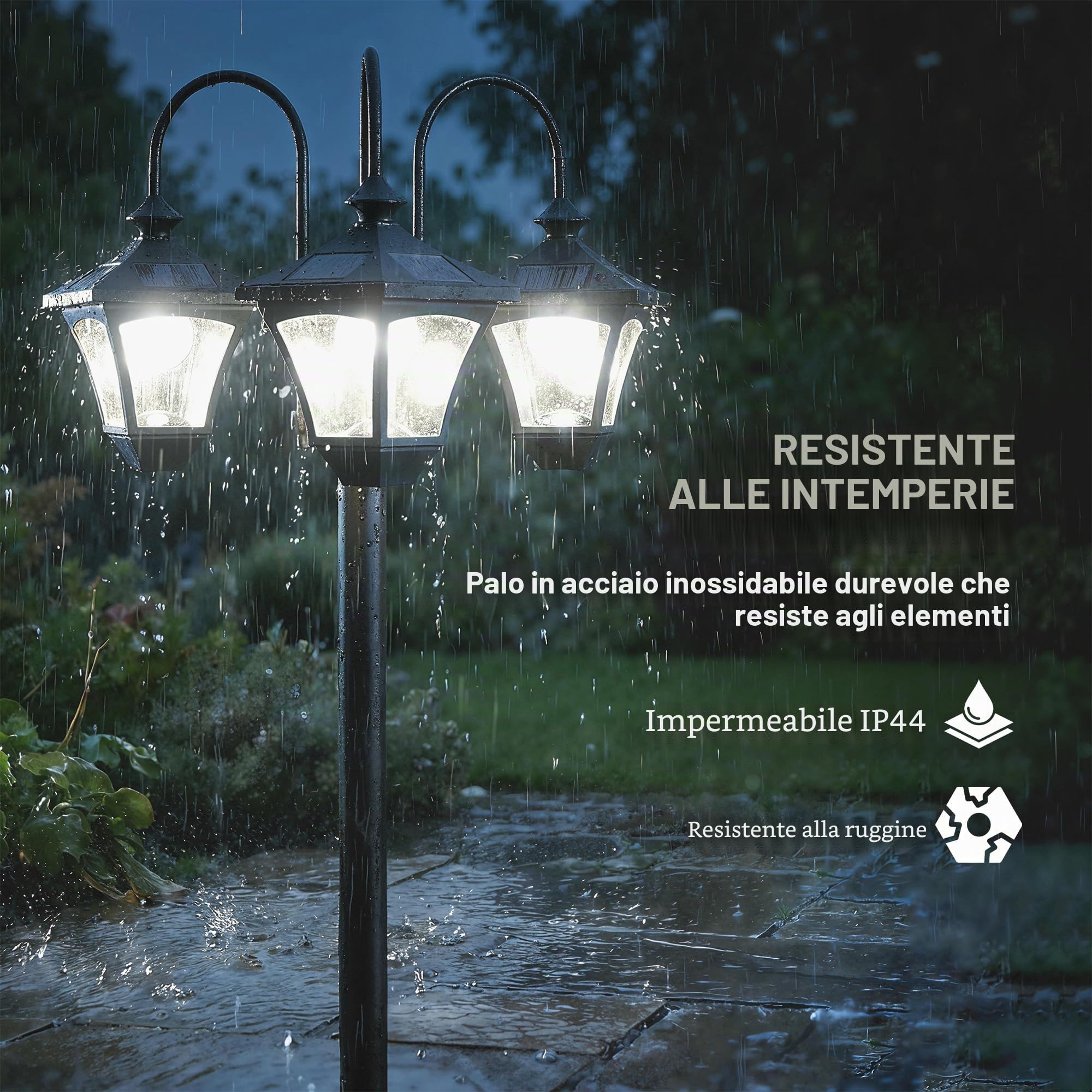 Outsunny Lampione da Giardino Solare a 3 Teste 1.85 m Altezza Regolabile | Lampada da Giardino in Acciaio Inox, Accensione/Spegnimento Automatico, Impermeabile, per Esterno Patio Cortile
