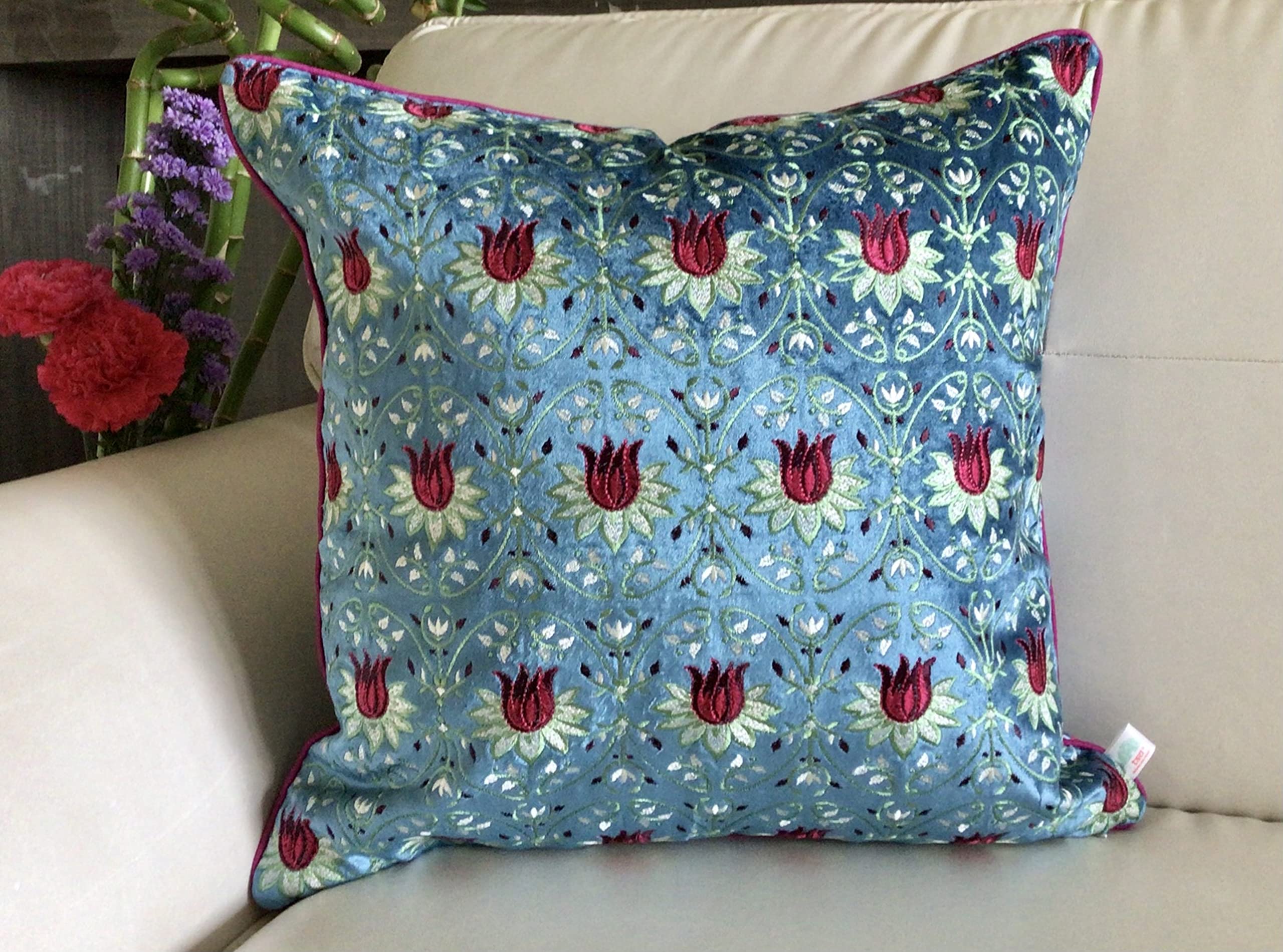 Sequined Embroidered Velvet Cushion Covers 16 x 16 Inches Set of 1, 'Tulipani' (Ocean Blue, 1)