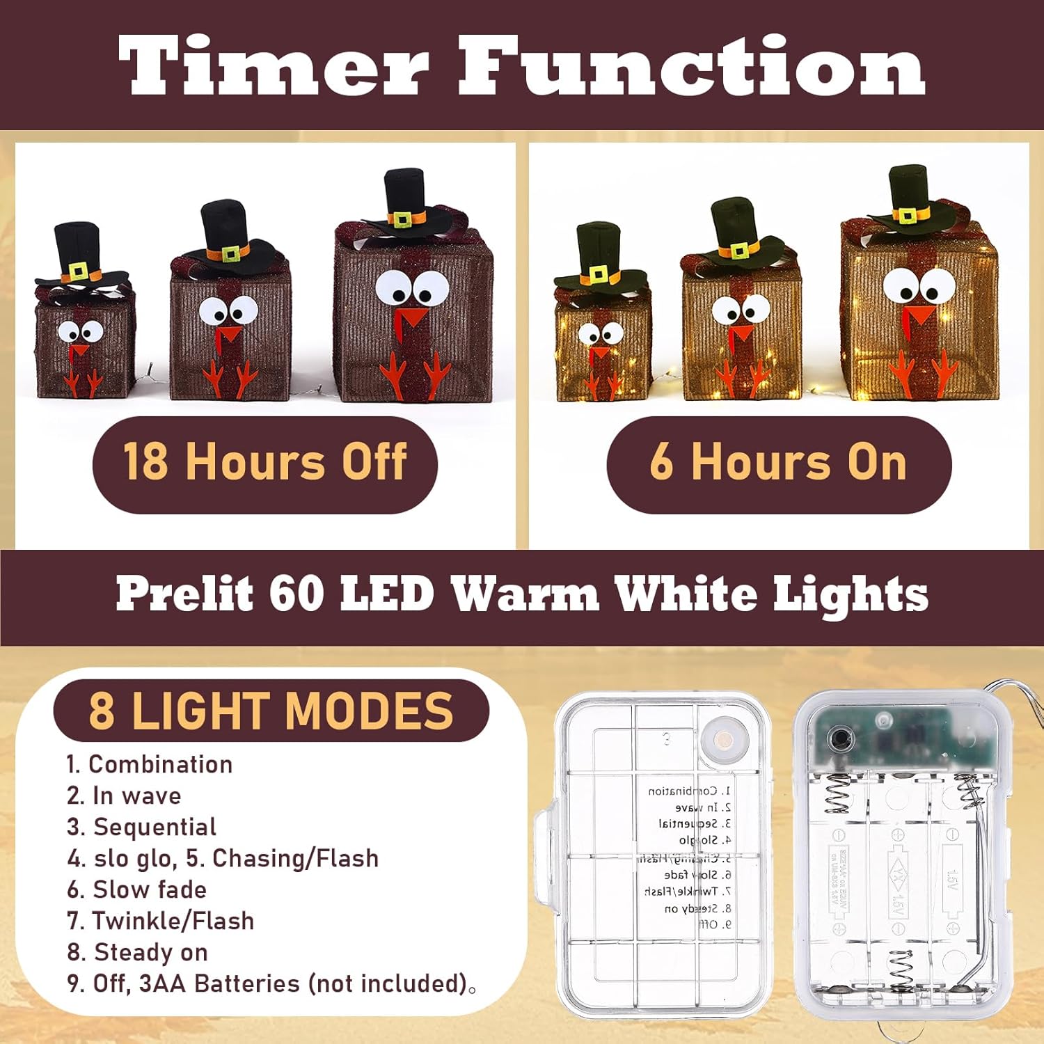 Epakh 3 Pack Lighted Turkey Outdoor Decor Thanksgiving Turkey Glowing Gift Box Glittering Thanksgiving Gift with Bow 60 LED Lights Present Boxes Decoration for Home Indoor and Outdoor Decor - Image 4