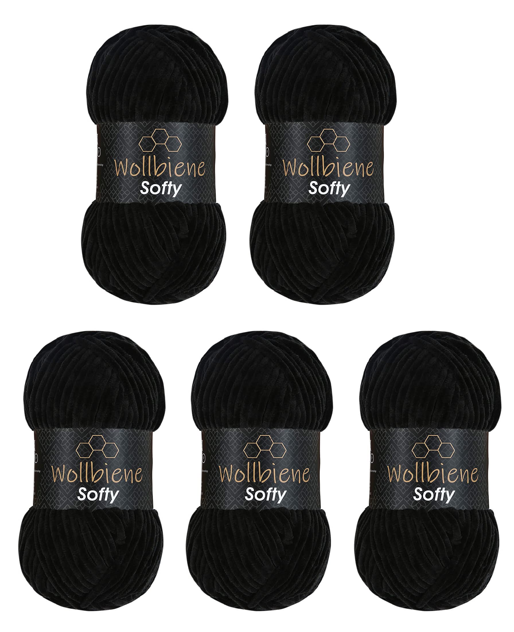 Wollbiene Softy 5 x 100 g Chenille Knitting Wool, Baby Wool, 500 g Super Bulky Wool (Black 77)
