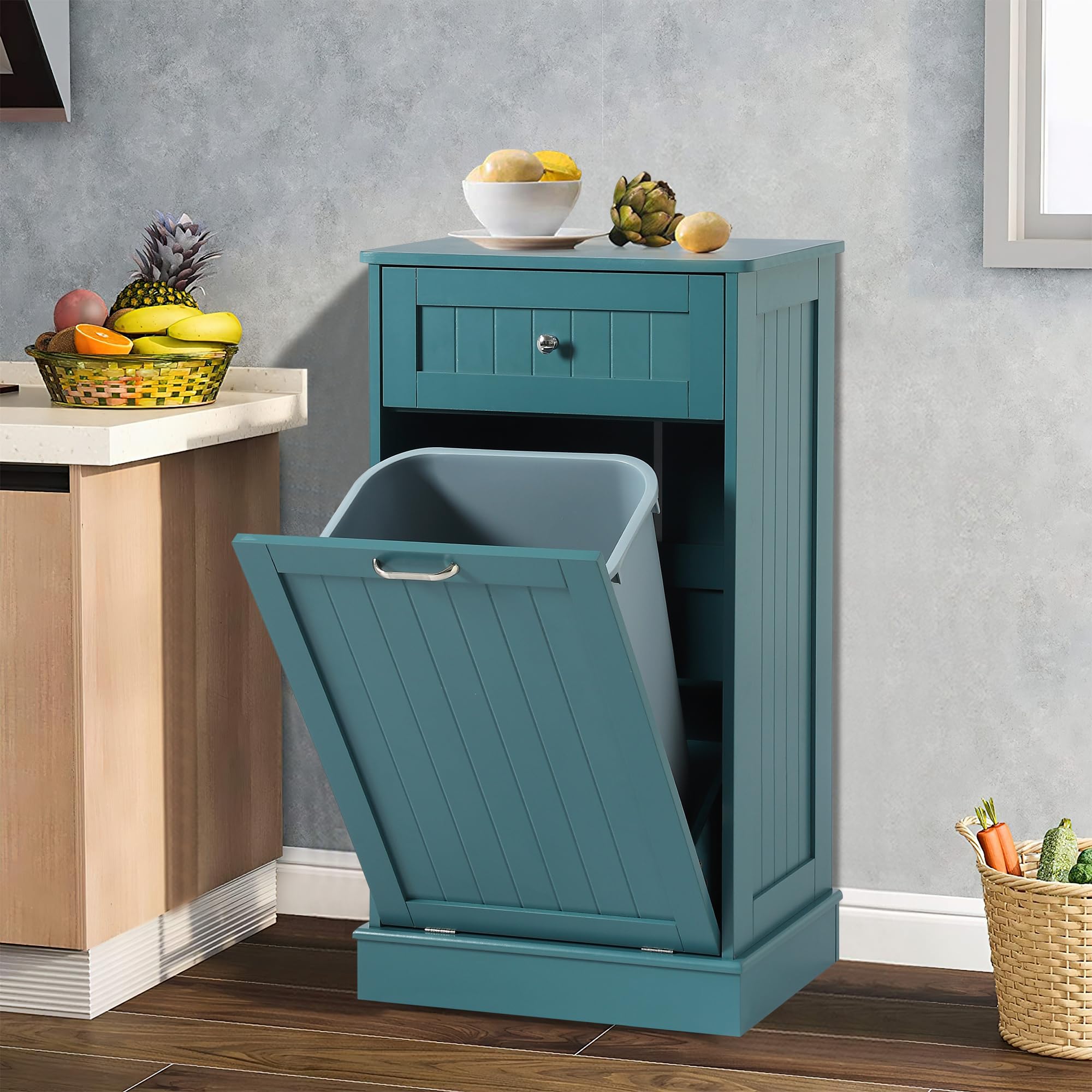 LOUVIXA Tilt Out Trash Bin Cabinet Dog Proof Trash Can Holder Kitchen Island with Garbage Bin or Tilt Out Laundry Hamper (Teal-Blue)