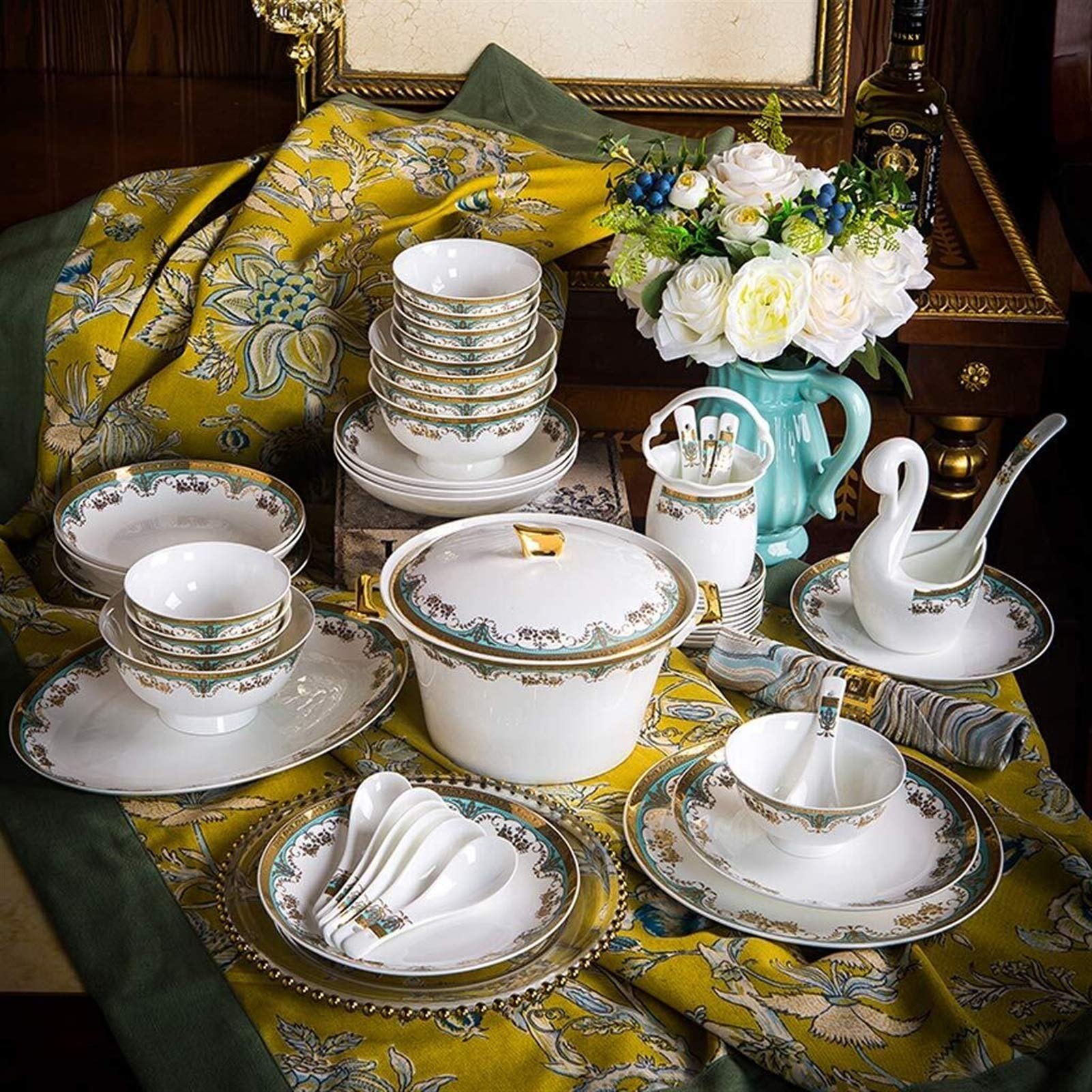 Service De Table en Céramique, Coffret Cadeau Élégance Européenne, 58 Pièces (Bol, Cuillère, Assiette) – Idéal pour Les Fêtes De Famille Et Les Restaurants