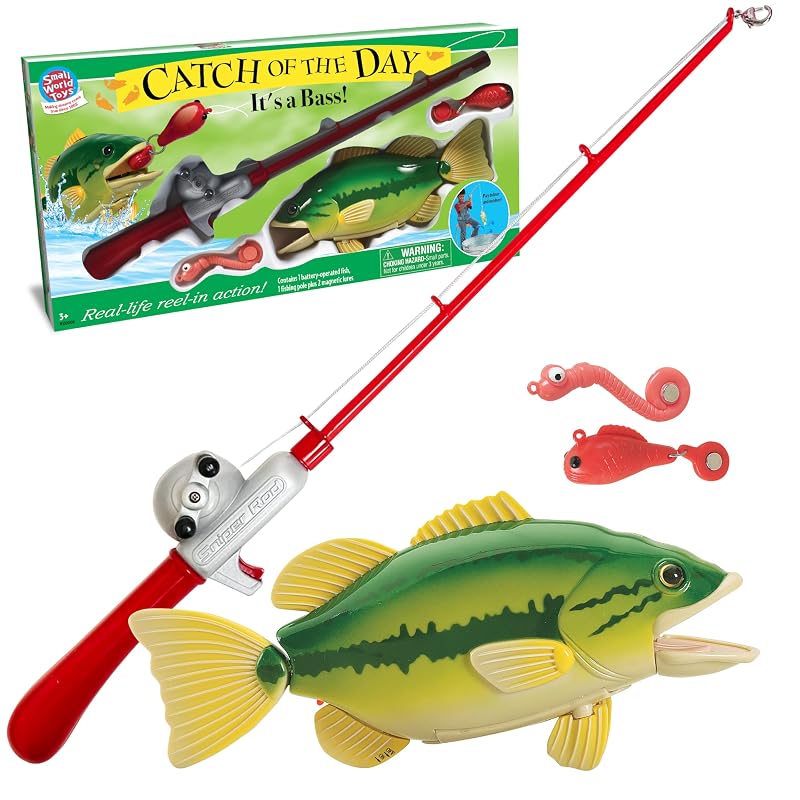 Small World Toys Kids Fishing Game, Catch of The Day Bass Magnetic Fishing Toy for Kids Ages 3+, Includes Toddler Fishing Pole and 1 Fish, Water Fish Toys for Kids, Bath Toy Pools & Tubs