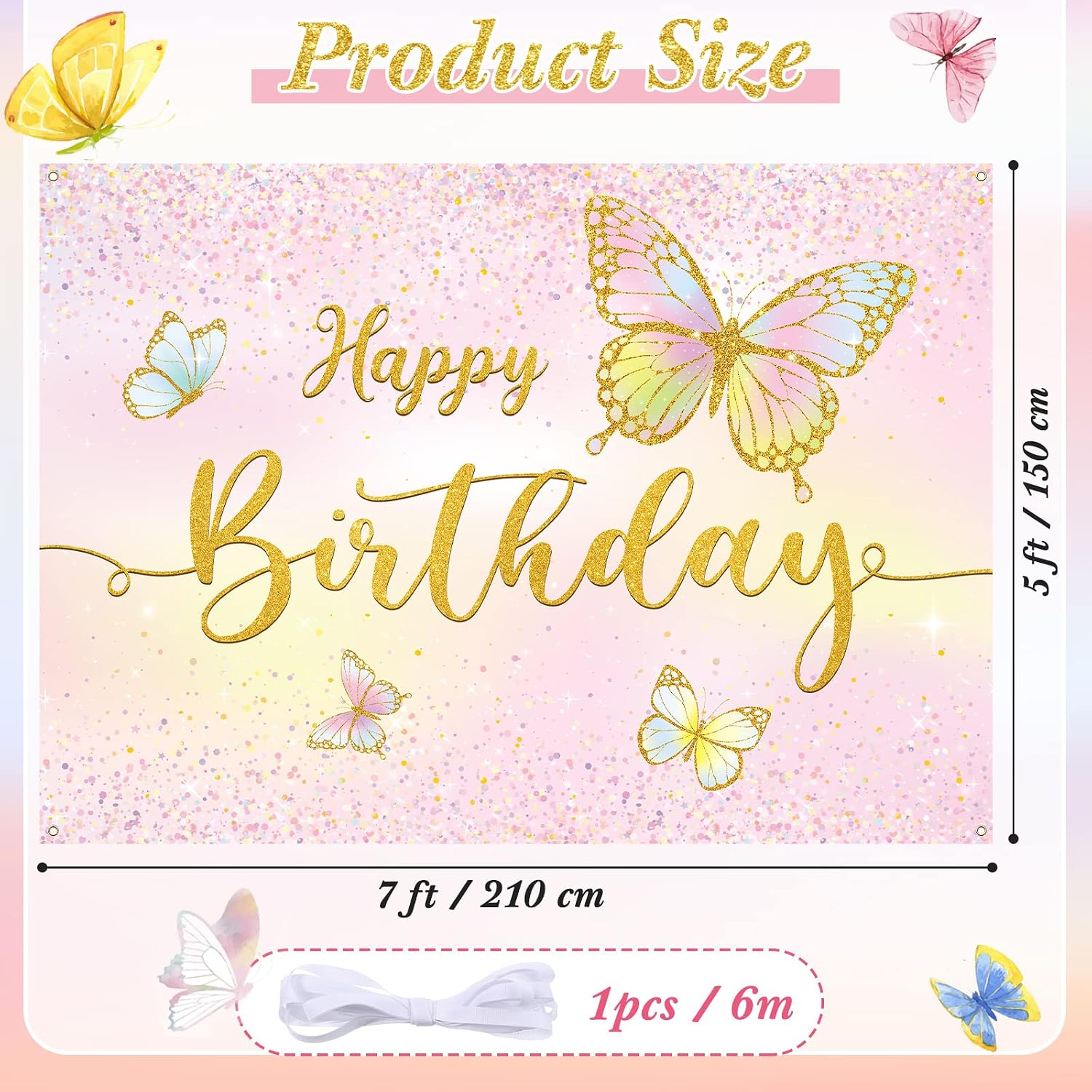 Dandat 7 x 5 ft Butterfly Birthday Backdrop Pink Theme Gold Butterfly Birthday Banner Party Decorations Polyester Banner Princess Photography Background Photo Prop Party Supplies