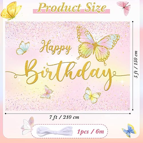 Miniatura 3 de Dandat Telón de fondo de mariposa de 7 x 5 pies con temática rosa, mariposa dorada, decoración de fiesta de cumpleaños, pancarta de primavera de