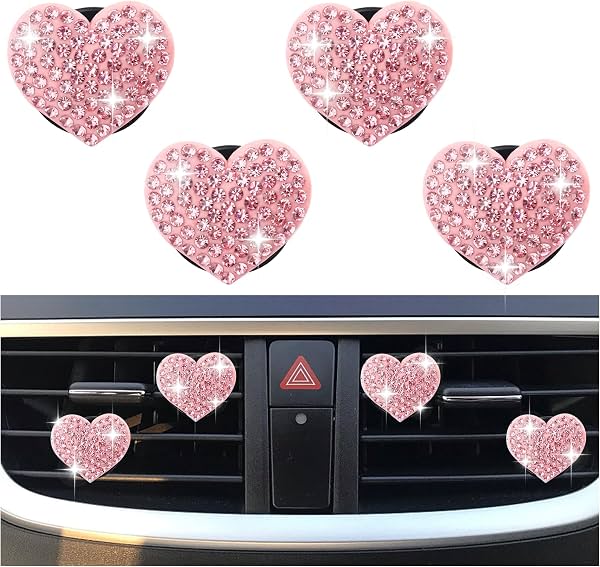 4 Piezas Clips para Ventilación de Auto en Forma de Corazón con Cristales, Decoración de Auto Brillante, Accesorios Interiores para Autos, Camionetas y SUVs (Rosa)