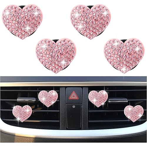 4PCS Heart-Shaped Car Vent Clips with Rhinestone,Bling Air Vent Clips Car Decorations,Premium Shiny Car Clips for Vents CCar Accessories Interior for Cars,Trucks,SUVs (Pink)