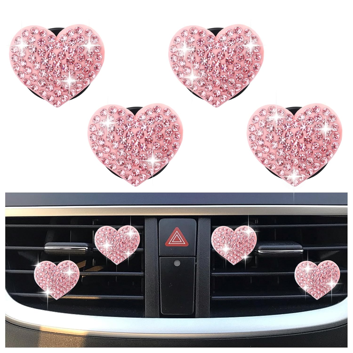 4PCS Heart-Shaped Car Vent Clips with Rhinestone Bling Air Vent Clips Car Decorations Premium Shiny Car Clips for